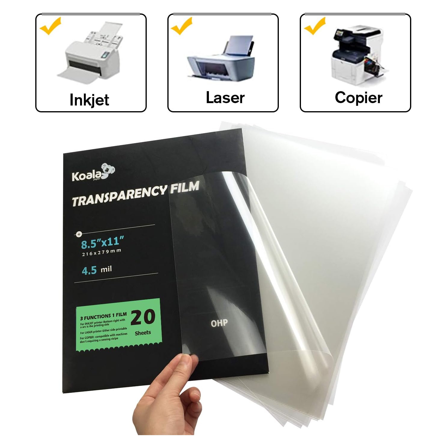 KOALA Transparency Film for Inkjet/Laser Jet Printers - 8.5 x 11 Inch 20 Sheets Printable Transparency Paper for OHP