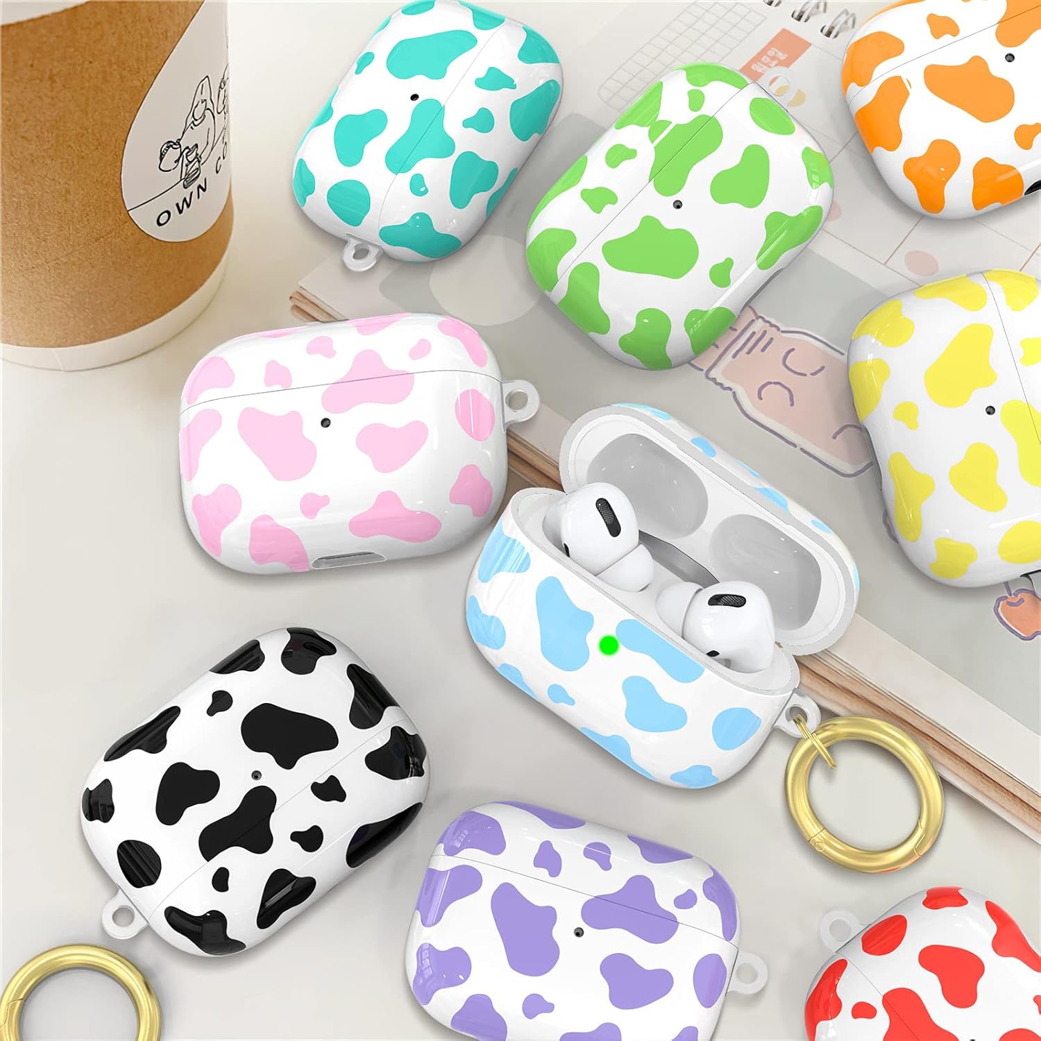 Cute Cow Print Case for AirPods Pro Case【Front Visible】 Hard TPU Protective Cover with Keychain