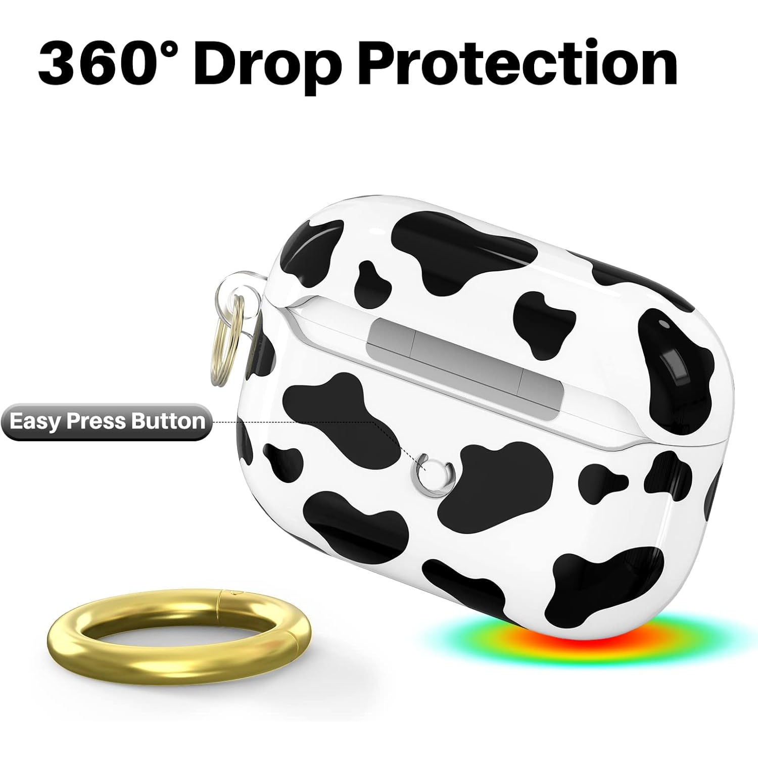 Cute Cow Print Case for AirPods Pro Case【Front Visible】 Hard TPU Protective Cover with Keychain