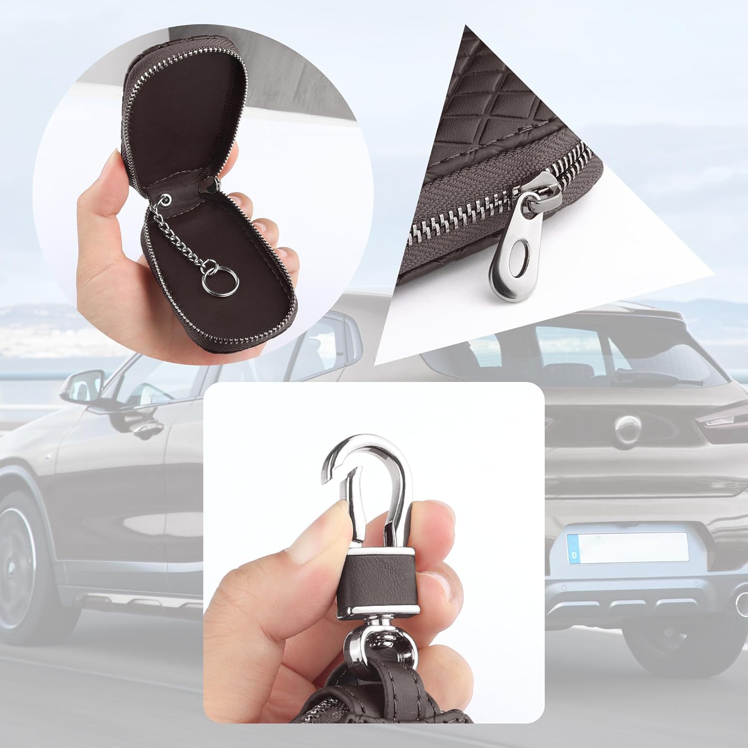 Stylish Car Key Case with Keychain and Zipper,Genuine Leather Key Fob Protector Car Accessories for Women &