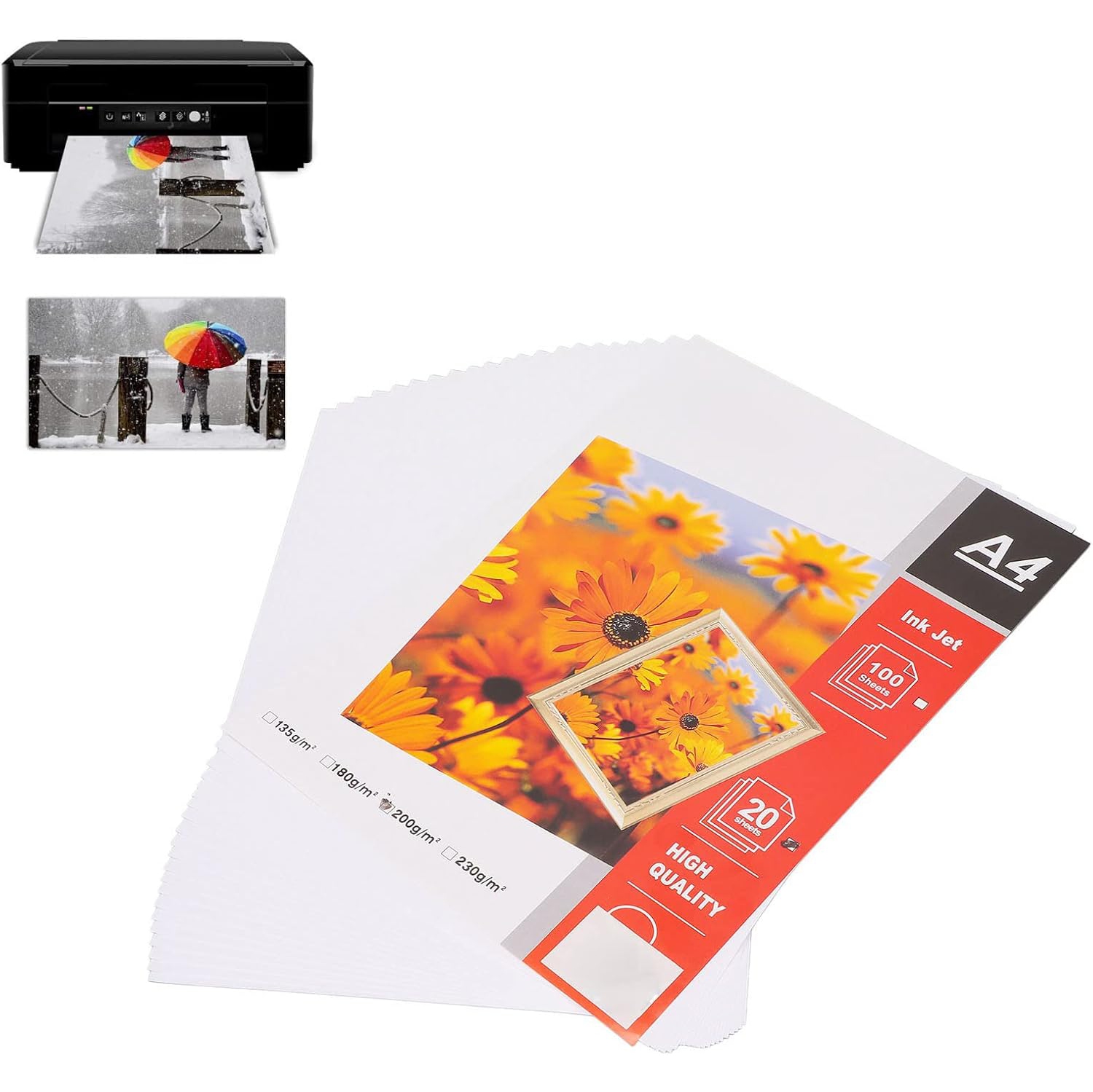 Papier photo glacé jet d'encre 20 pcs, papier photo mat format A4 séchage instantané et résistant à l'eau pour imprimante jet d'encre, affiches,