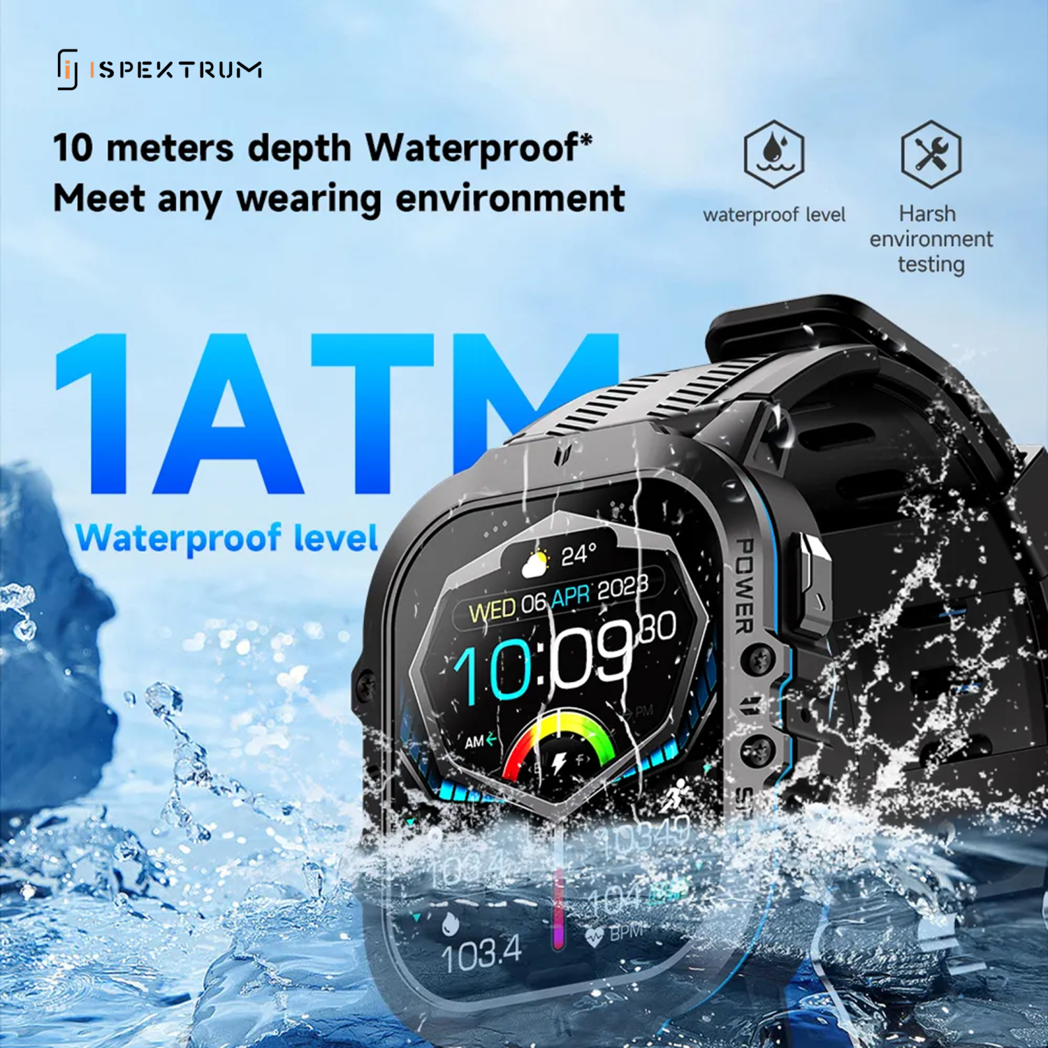 ISPEKTRUM Fortify C26 Smart Watch 1.7" HD Display Bluetooth Calls & Text 1ATM Waterproof 100+ Sports Mode Fitness Tracker Heart Rate & BP Monitor