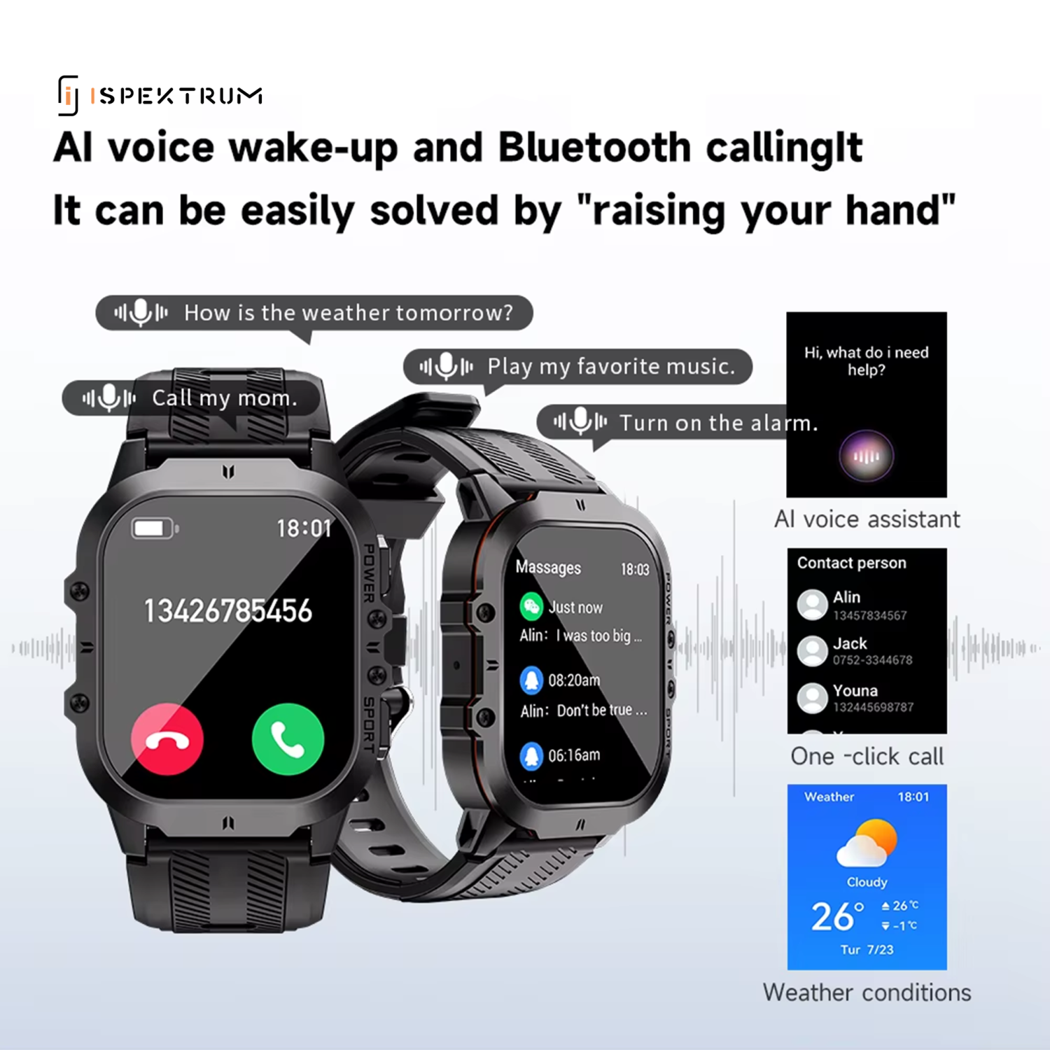 ISPEKTRUM Fortify C26 Smart Watch 1.7" HD Display Bluetooth Calls & Text 1ATM Waterproof 100+ Sports Mode Fitness Tracker Heart Rate & BP Monitor