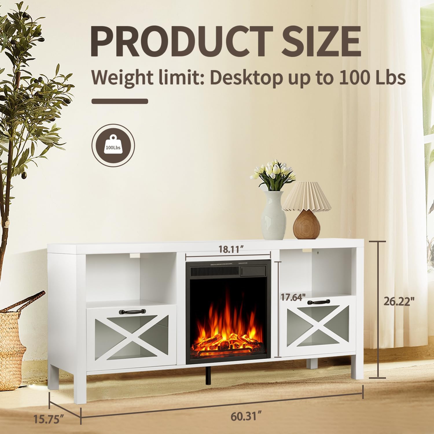 ZAFRO Electric Fireplace, with Mantel, Freestanding Wooden Frame Firebox, Adjustable Realistic 3D Flame, Remote Control, Glass Doors for Wooden