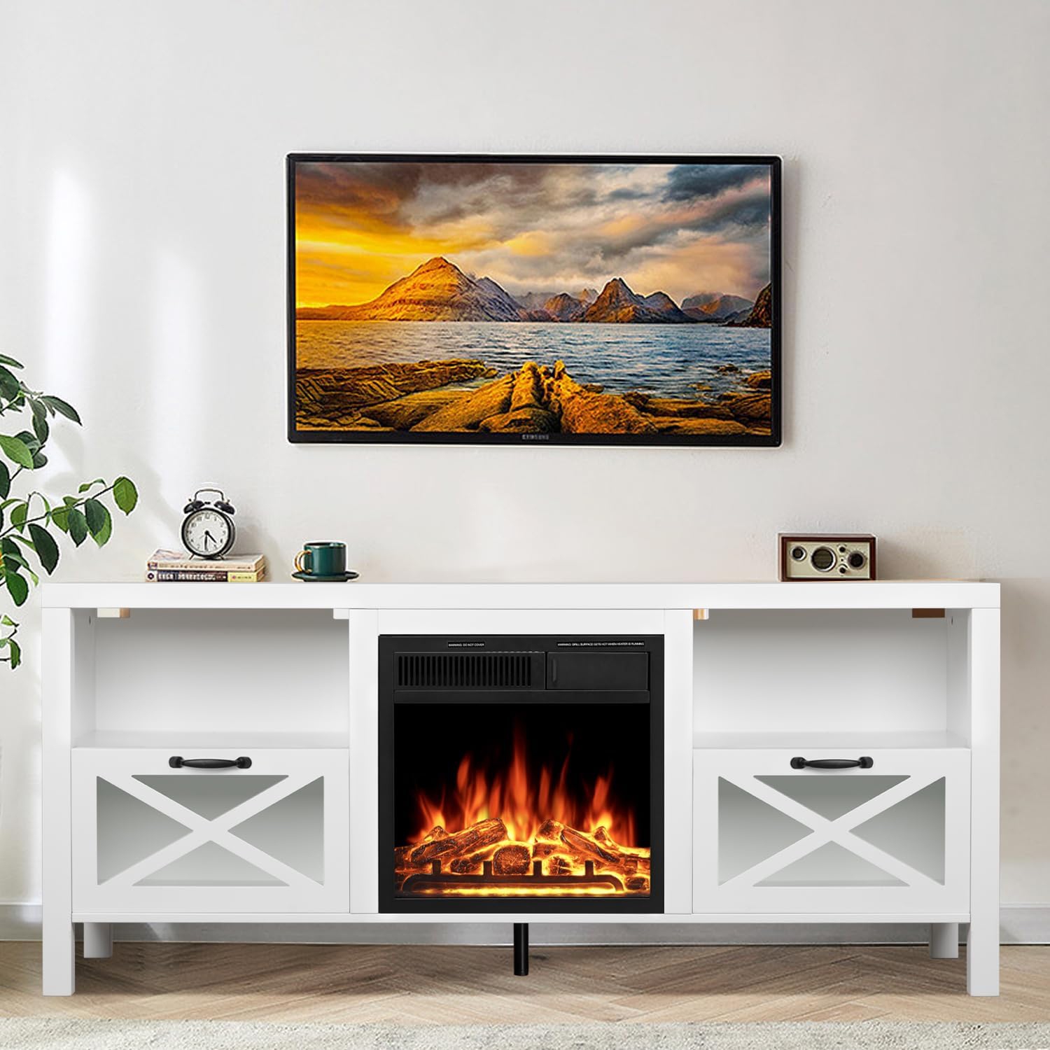 ZAFRO Electric Fireplace, with Mantel, Freestanding Wooden Frame Firebox, Adjustable Realistic 3D Flame, Remote Control, Glass Doors for Wooden