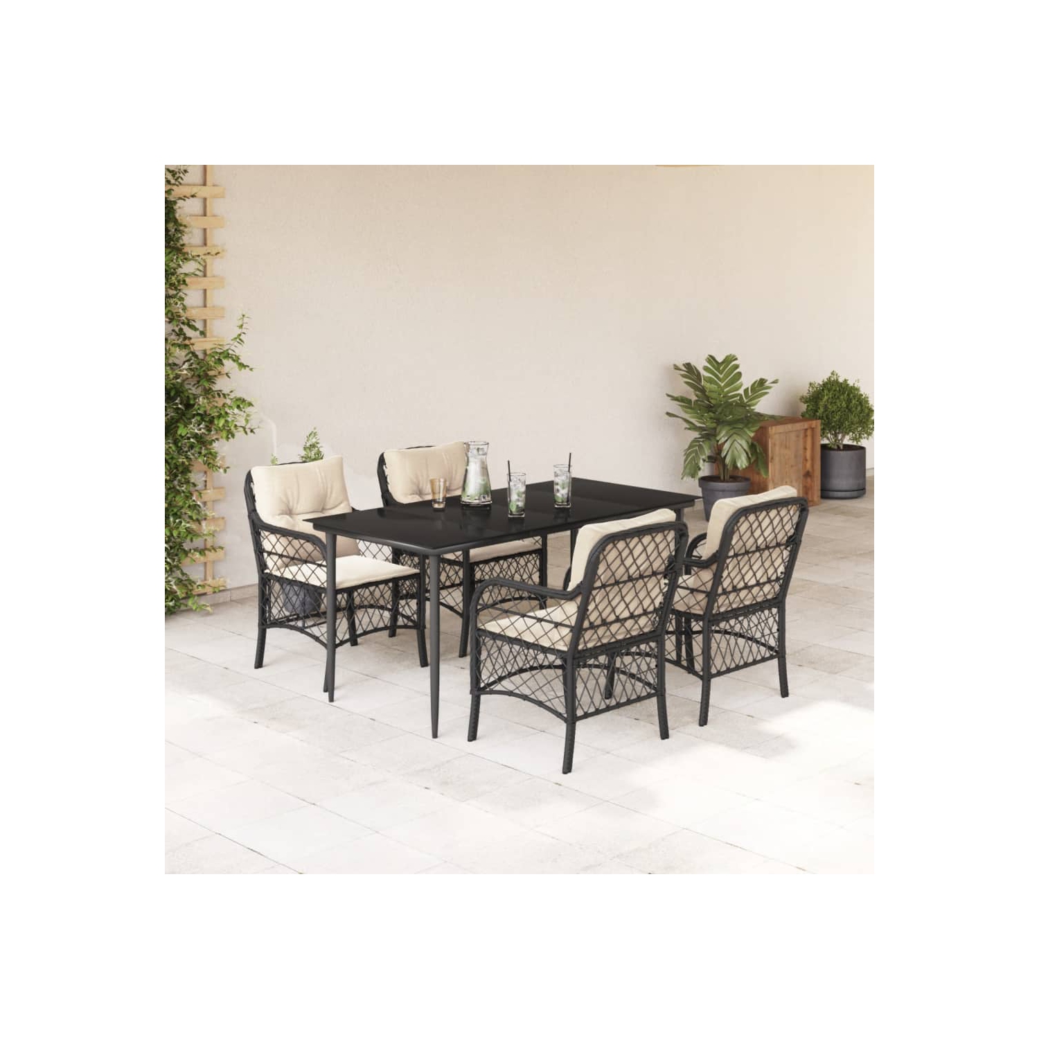 Ensemble de salle à manger 5 pièces vidaXL avec coussins en poly rotin noir