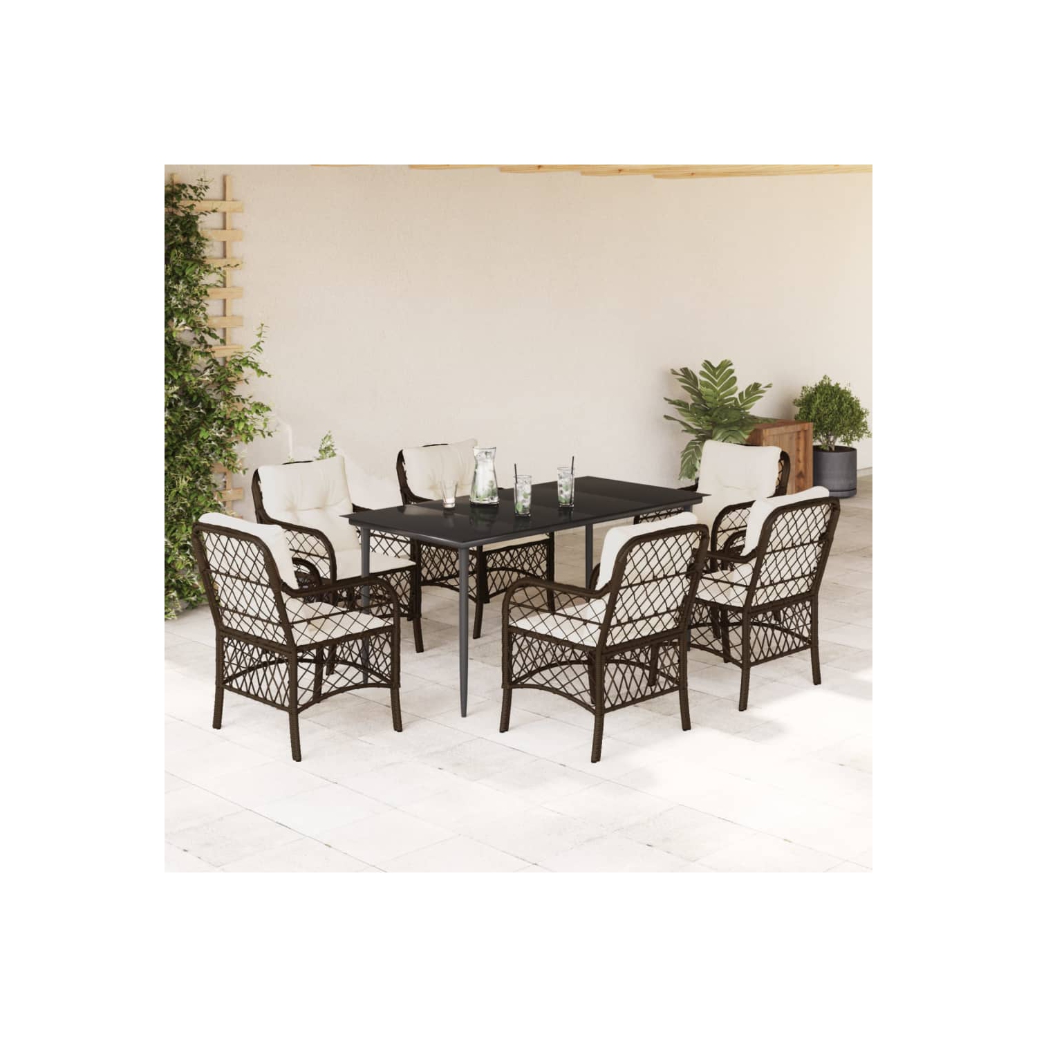 Ensemble de salle à manger de jardin vidaXL 7 pièces avec coussins en poly rotin brun