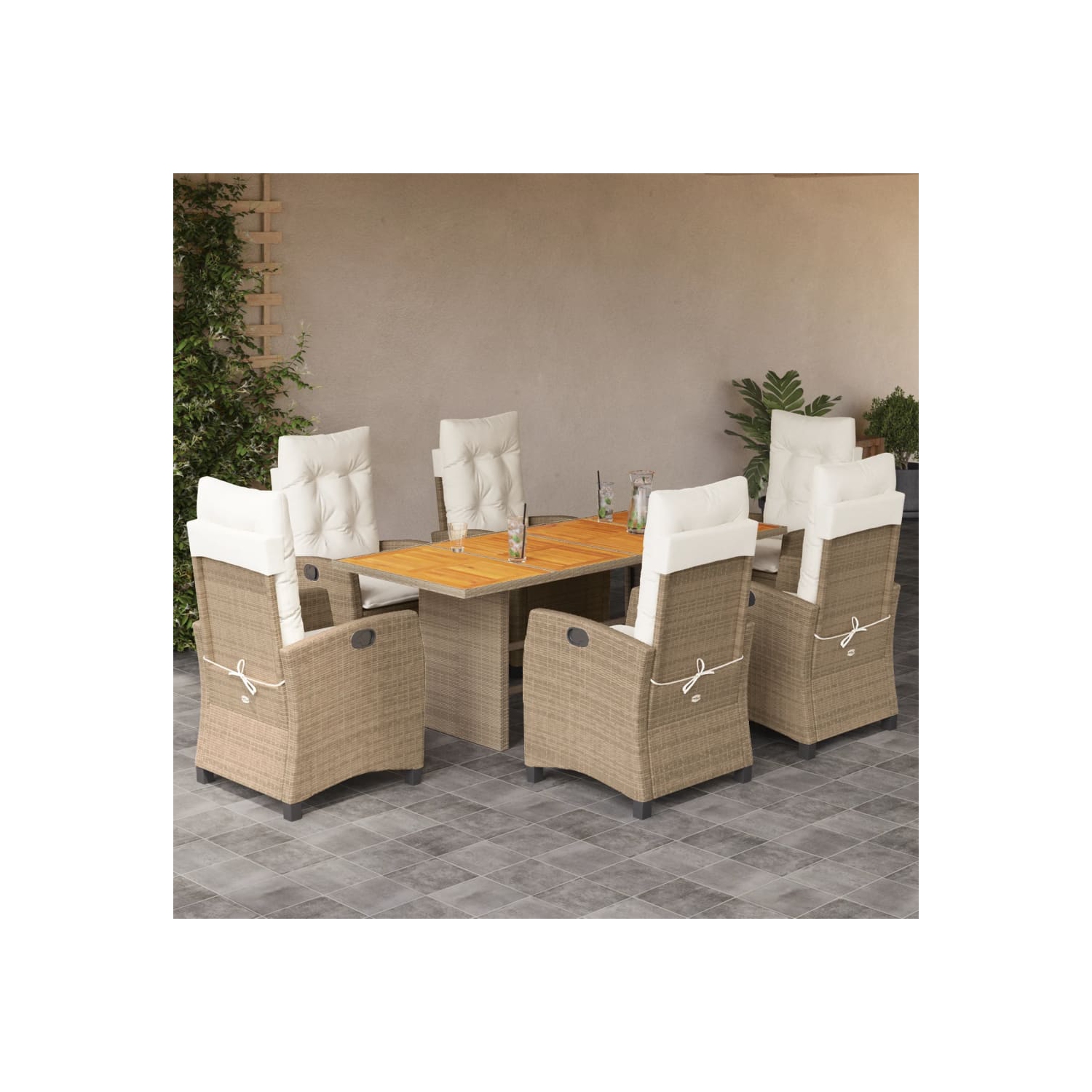 vidaXL 7 Piece Garden Dining Set with Cushions Beige Poly Rattan