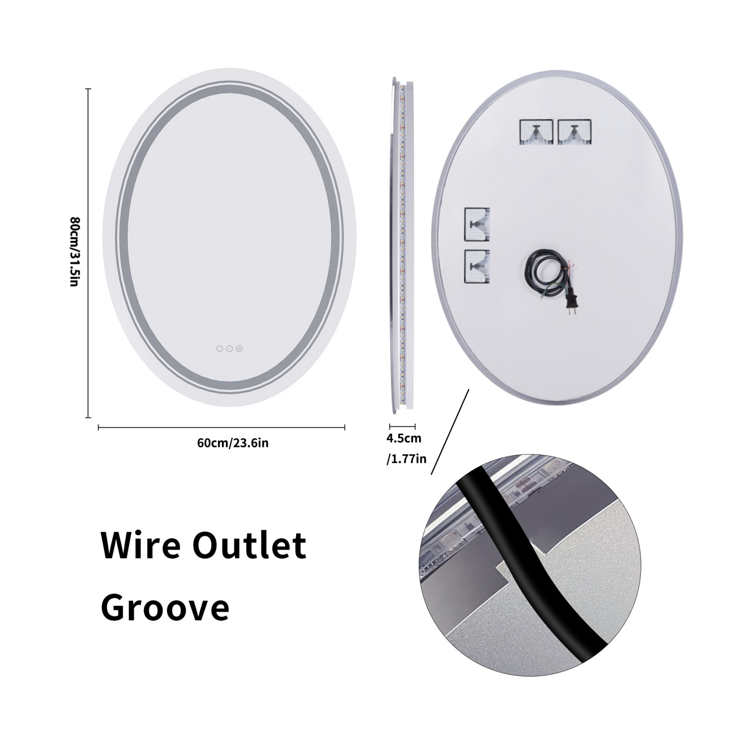 24.x32 Inch Oval Bathroom Mirror 3 Lights Memory Function Smart Touch Sensor Anti-fog Makeup Mirror with Backlit Front Lighted