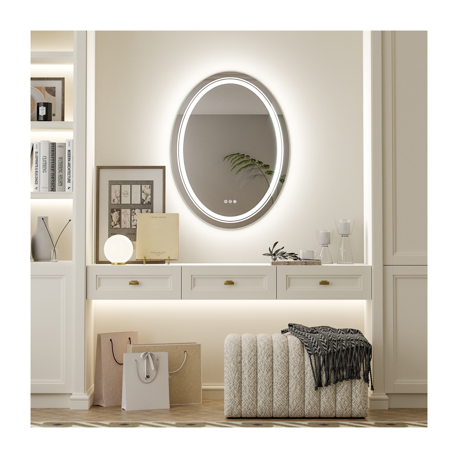 24.x32 Inch Oval Bathroom Mirror 3 Lights Memory Function Smart Touch Sensor Anti-fog Makeup Mirror with Backlit Front Lighted