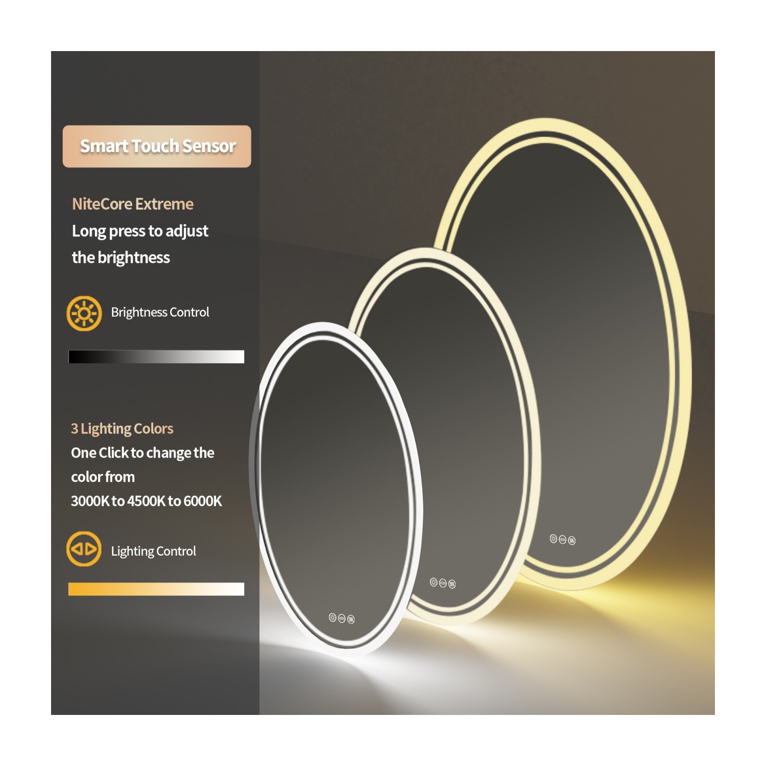 24.x32 Inch Oval Bathroom Mirror 3 Lights Memory Function Smart Touch Sensor Anti-fog Makeup Mirror with Backlit Front Lighted