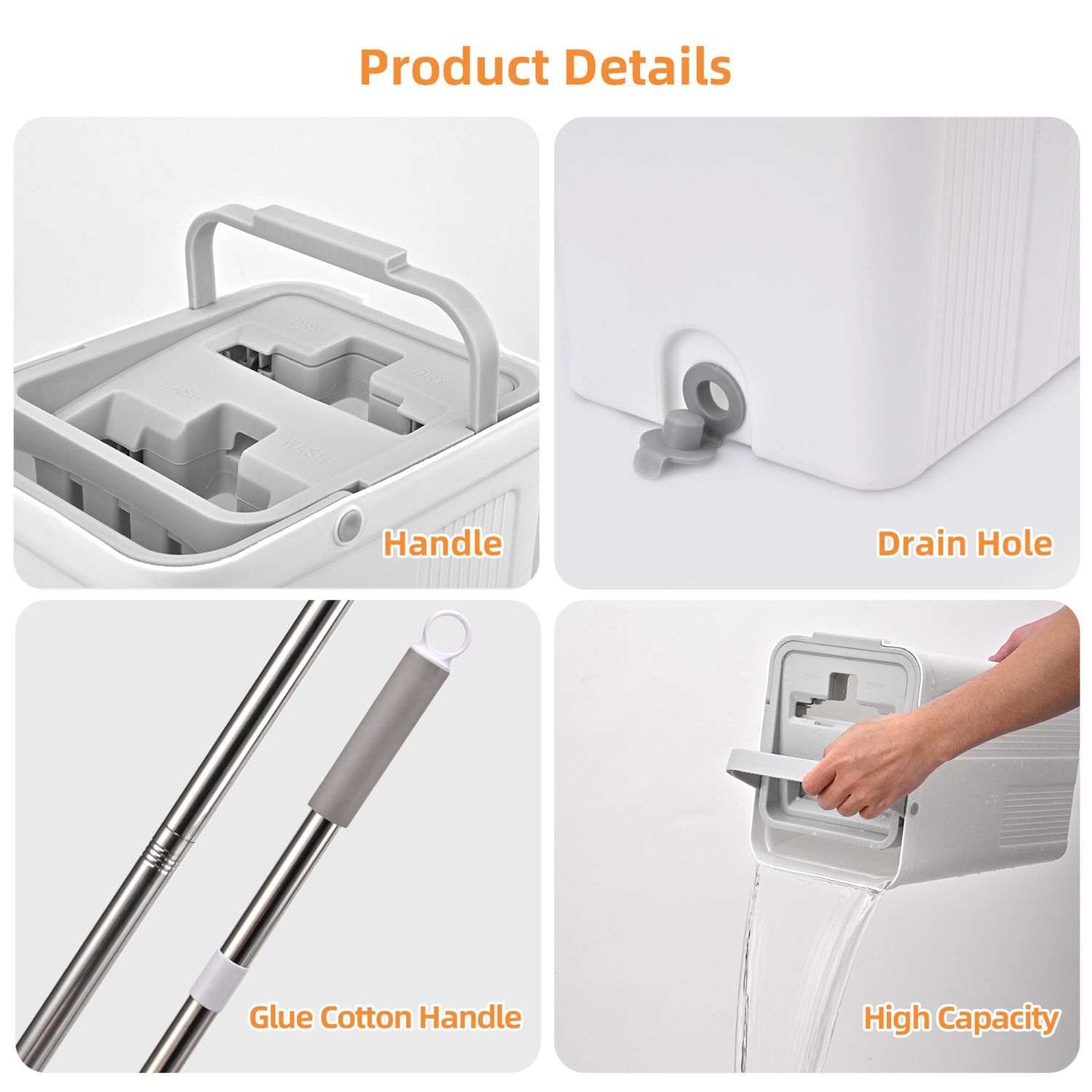 Vadrouille à tête plate et seau à lavage automatique et à pression, 3 tampons en microfibre lavables, système de seau à deux chambres avec tête de