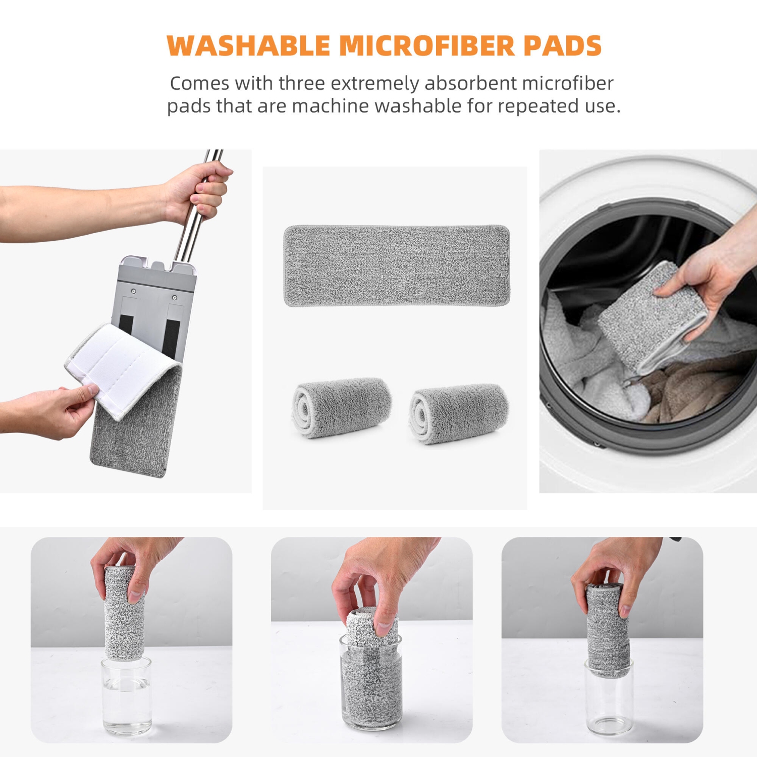 Vadrouille à tête plate et seau à lavage automatique et à pression, 3 tampons en microfibre lavables, système de seau à deux chambres avec tête de