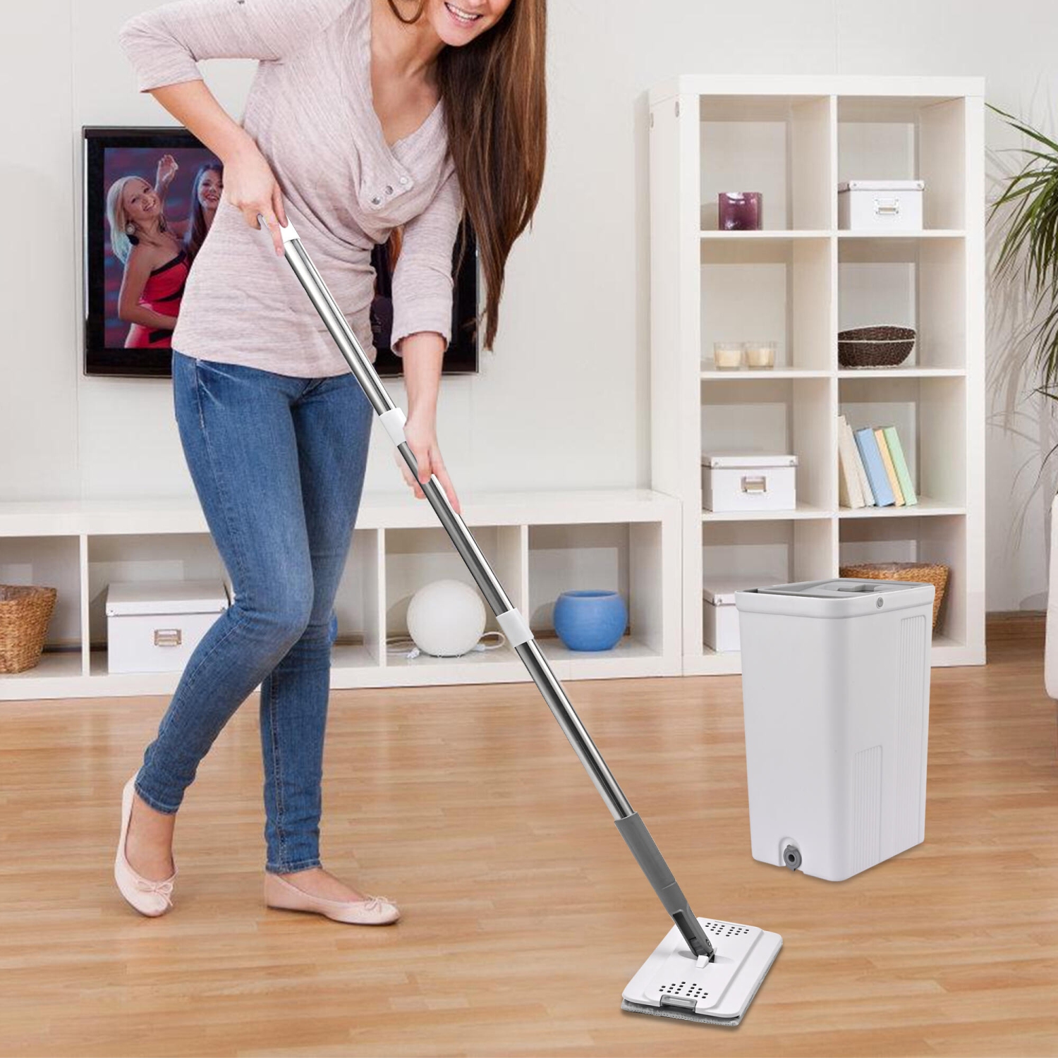 Vadrouille à tête plate et seau à lavage automatique et à pression, 3 tampons en microfibre lavables, système de seau à deux chambres avec tête de