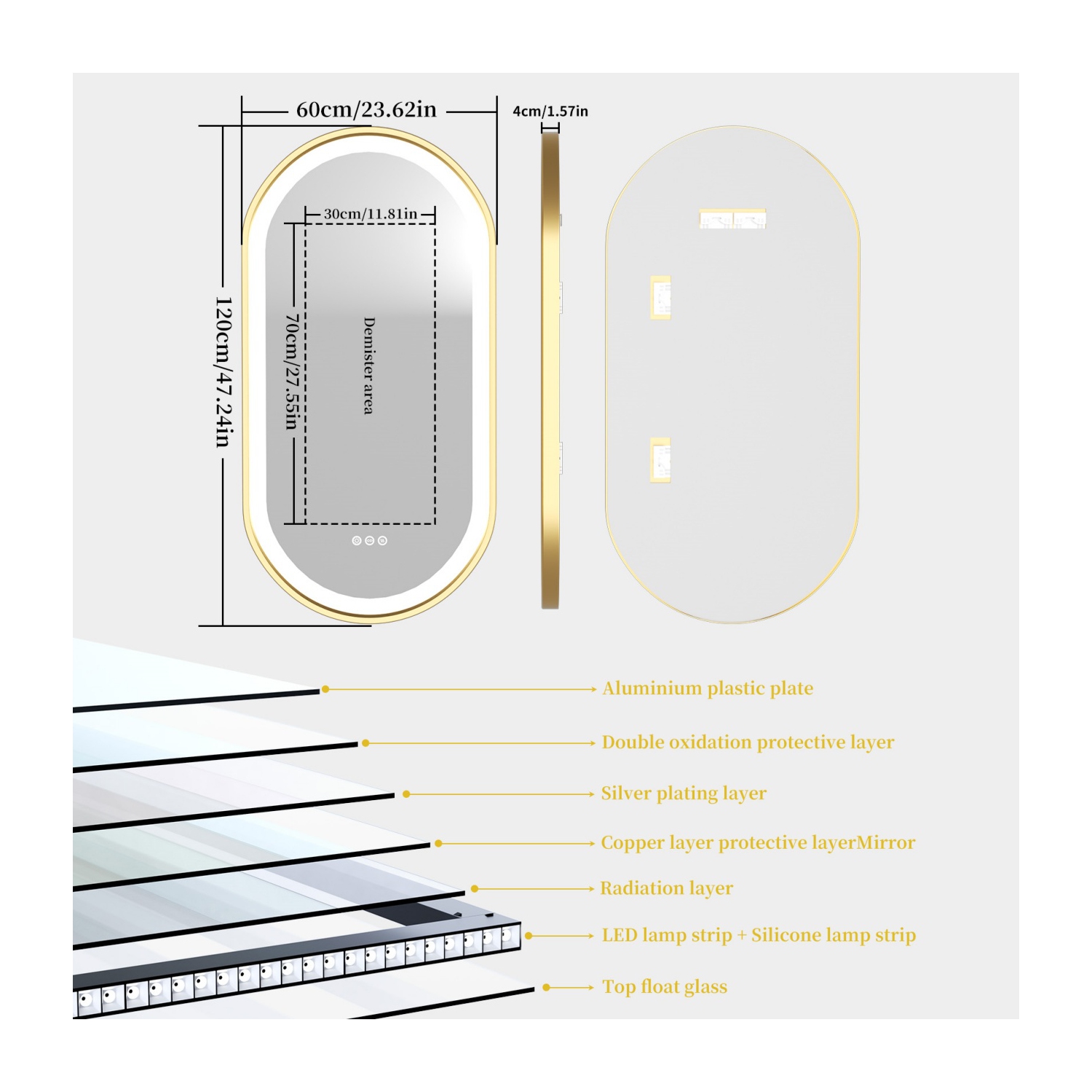48x24 Inch Oval LED Illuminated&nbsp;Bathroom Mirror Wall Mounted Vanity Mirror with Smart Touch Switch Memory Function Anti-Fog Gold Aluminum Frame