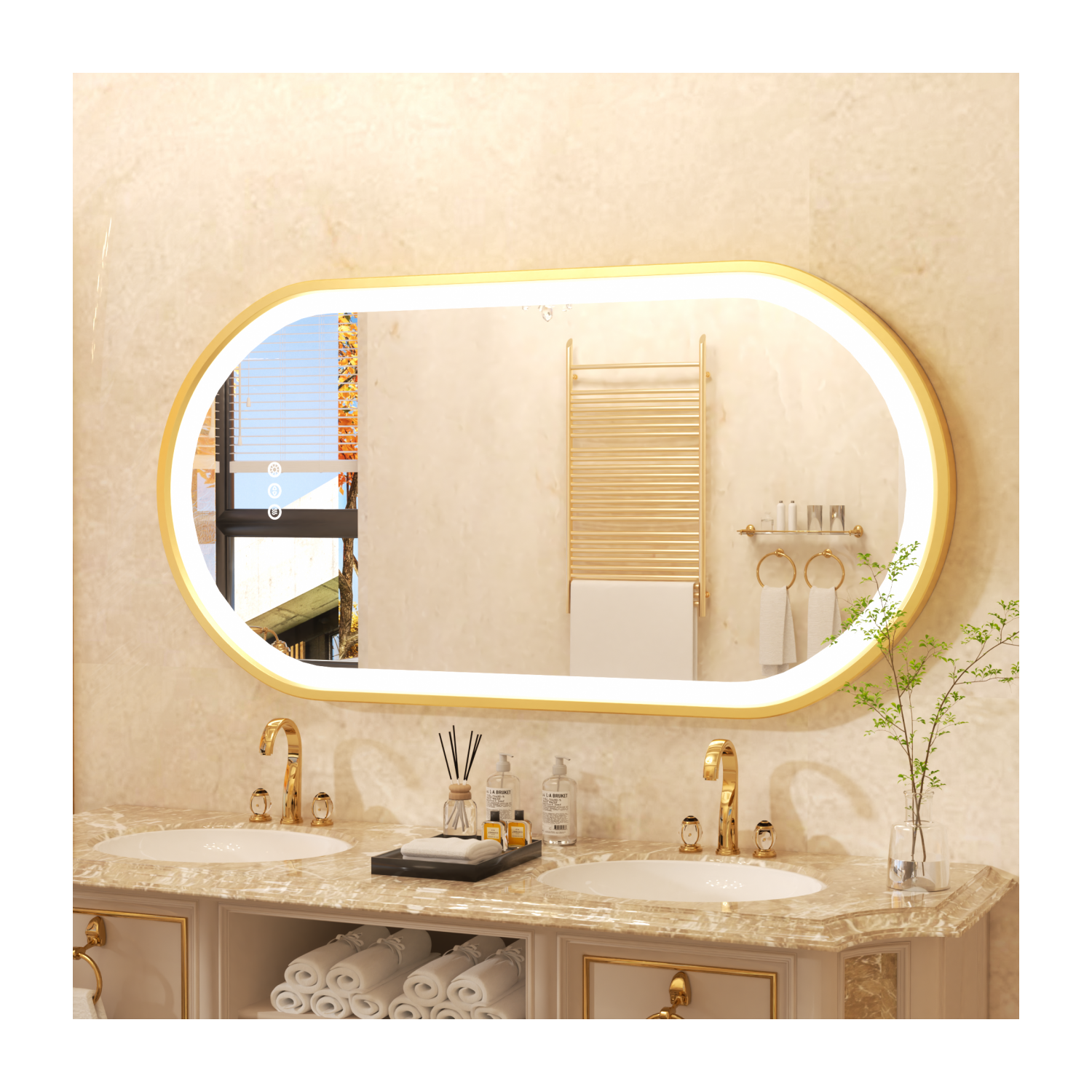 48x24 Inch Oval LED Illuminated&nbsp;Bathroom Mirror Wall Mounted Vanity Mirror with Smart Touch Switch Memory Function Anti-Fog Gold Aluminum Frame
