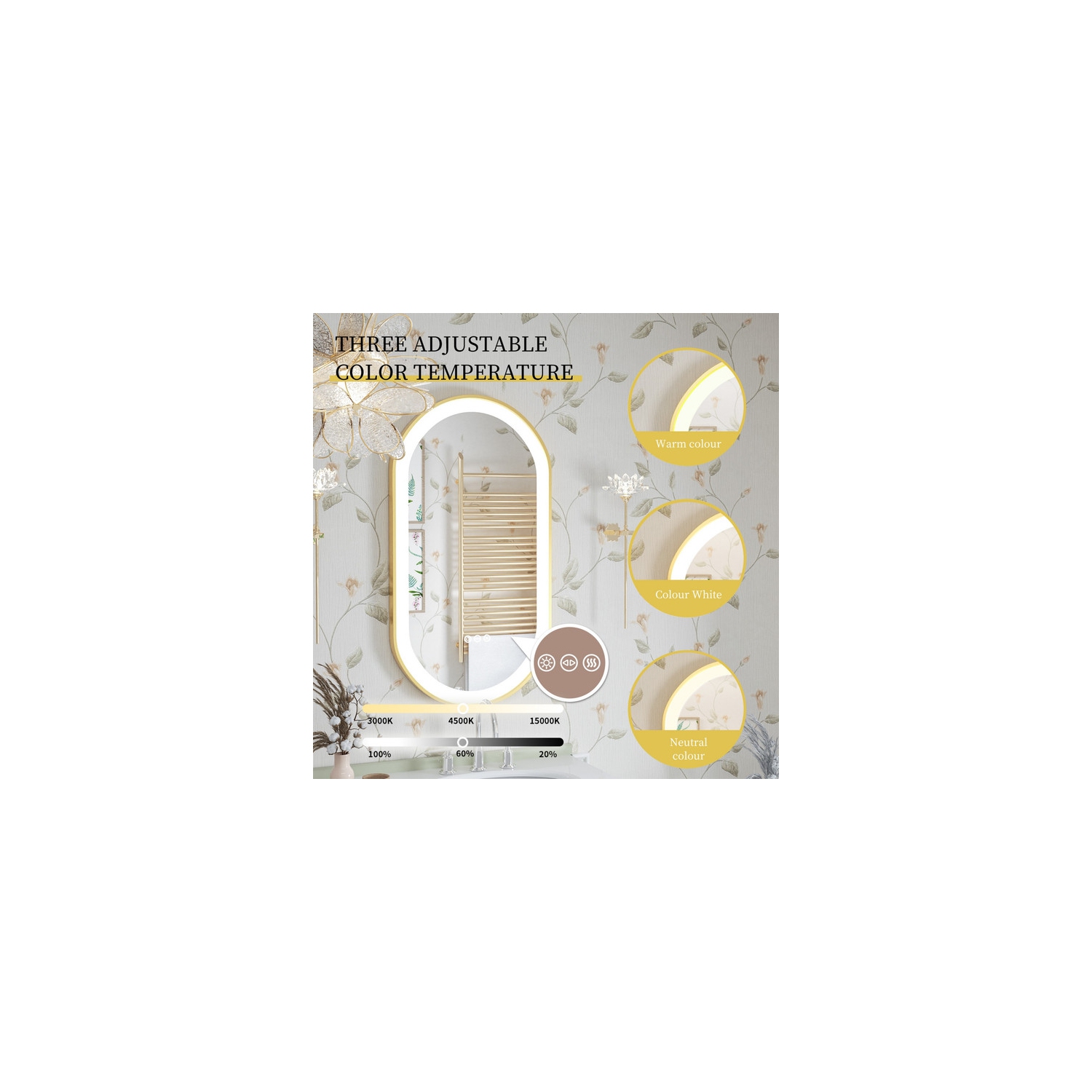 48x24 Inch Oval LED Illuminated&nbsp;Bathroom Mirror Wall Mounted Vanity Mirror with Smart Touch Switch Memory Function Anti-Fog Gold Aluminum Frame