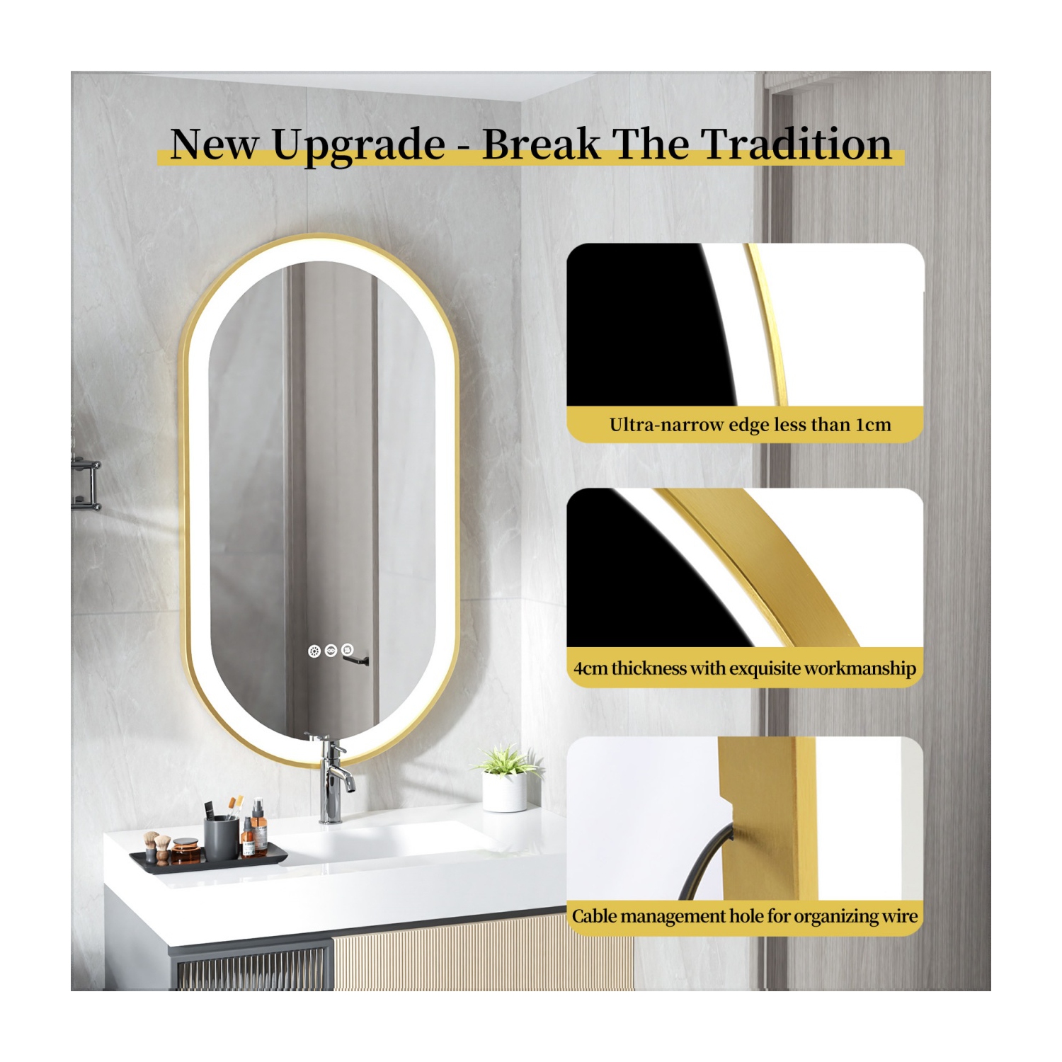 48x24 Inch Oval LED Illuminated&nbsp;Bathroom Mirror Wall Mounted Vanity Mirror with Smart Touch Switch Memory Function Anti-Fog Gold Aluminum Frame