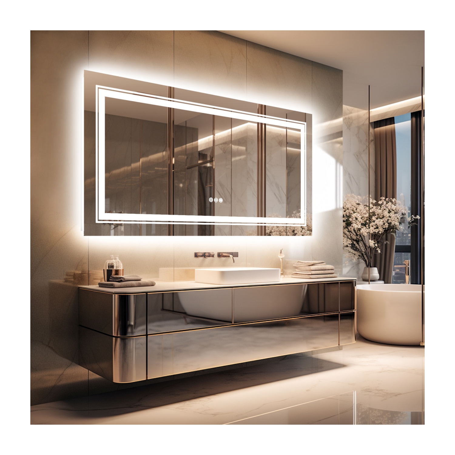 48x24 Inch Extra Large Illuminated LED Bathroom Mirror Dimmable Lighted Vanity Mirror With Demister Pad Smart Touch Sensor Backlit Lighted Makeup