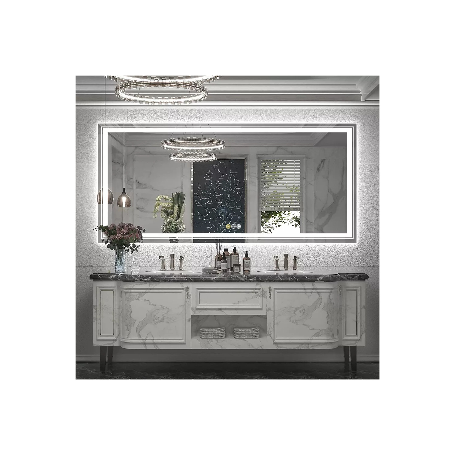 48x24 Inch Extra Large Illuminated LED Bathroom Mirror Dimmable Lighted Vanity Mirror With Demister Pad Smart Touch Sensor Backlit Lighted Makeup