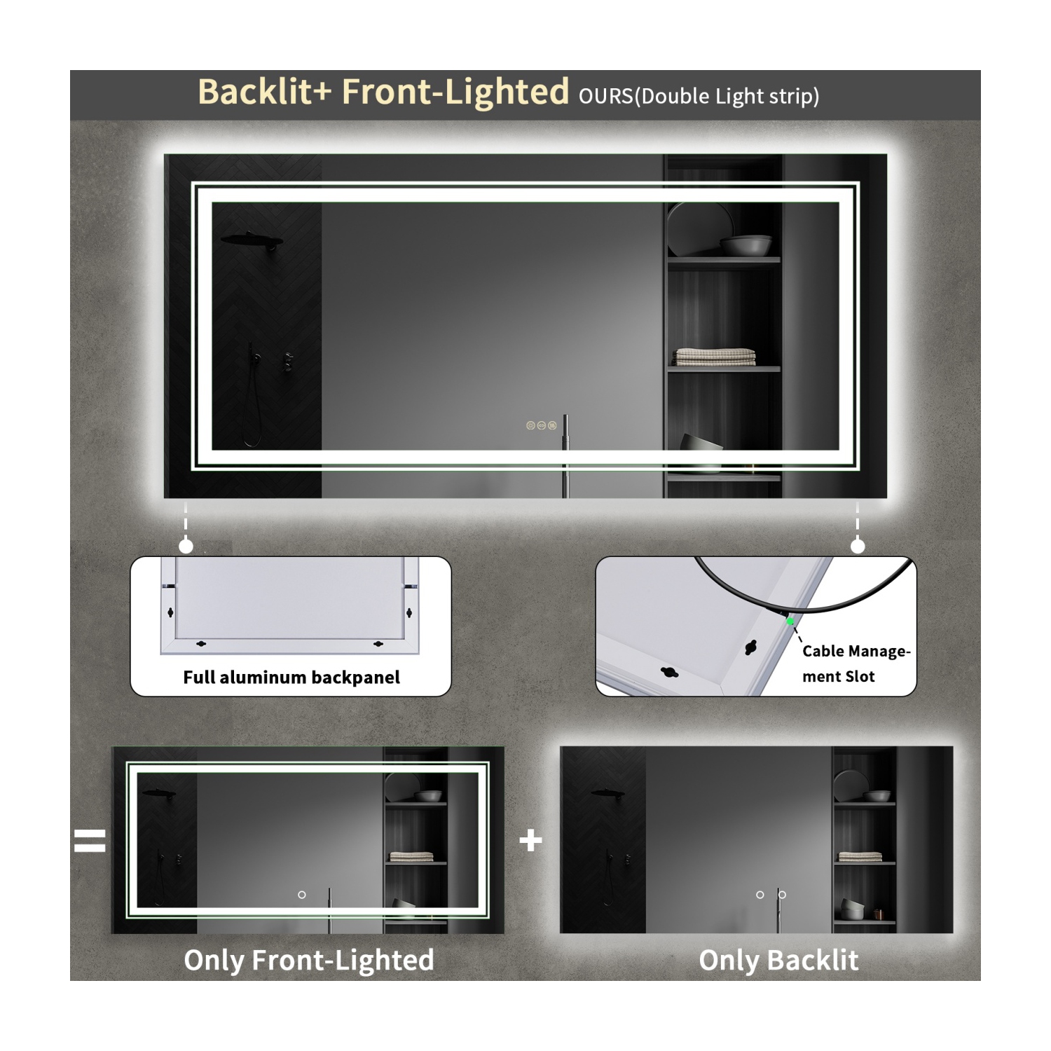 48x24 Inch Extra Large Illuminated LED Bathroom Mirror Dimmable Lighted Vanity Mirror With Demister Pad Smart Touch Sensor Backlit Lighted Makeup