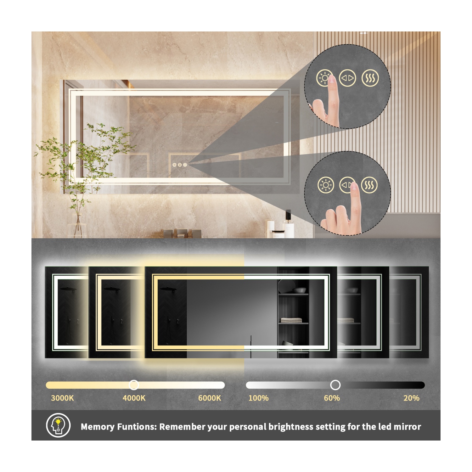 48x24 Inch Extra Large Illuminated LED Bathroom Mirror Dimmable Lighted Vanity Mirror With Demister Pad Smart Touch Sensor Backlit Lighted Makeup