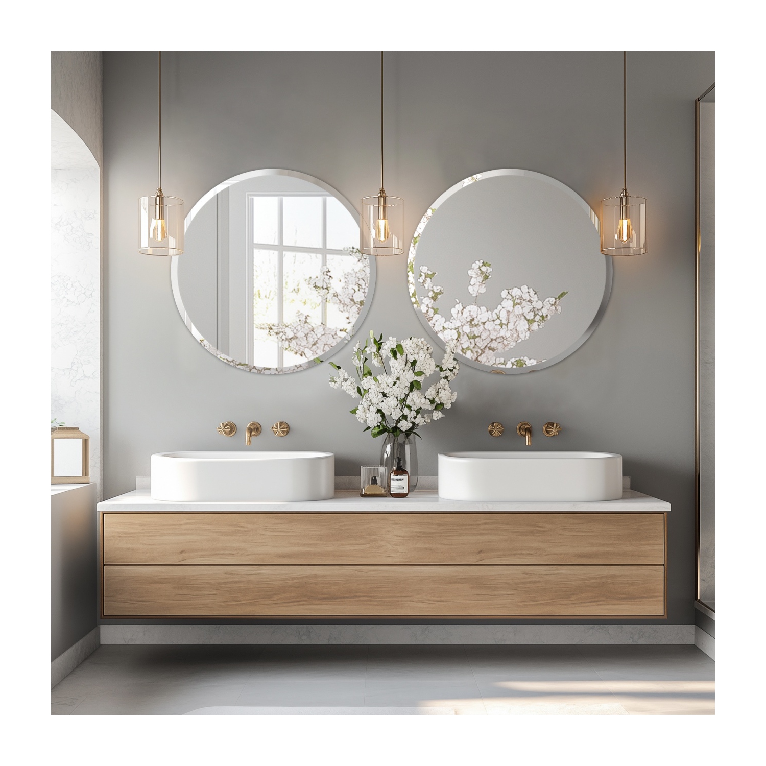 32 Inch Frameless Round Wall Hanging Mirror Silver Glass Mirror Vanity Makeup Mirror with Beveled Polished Edge for Livingroom Bathroom Entryway