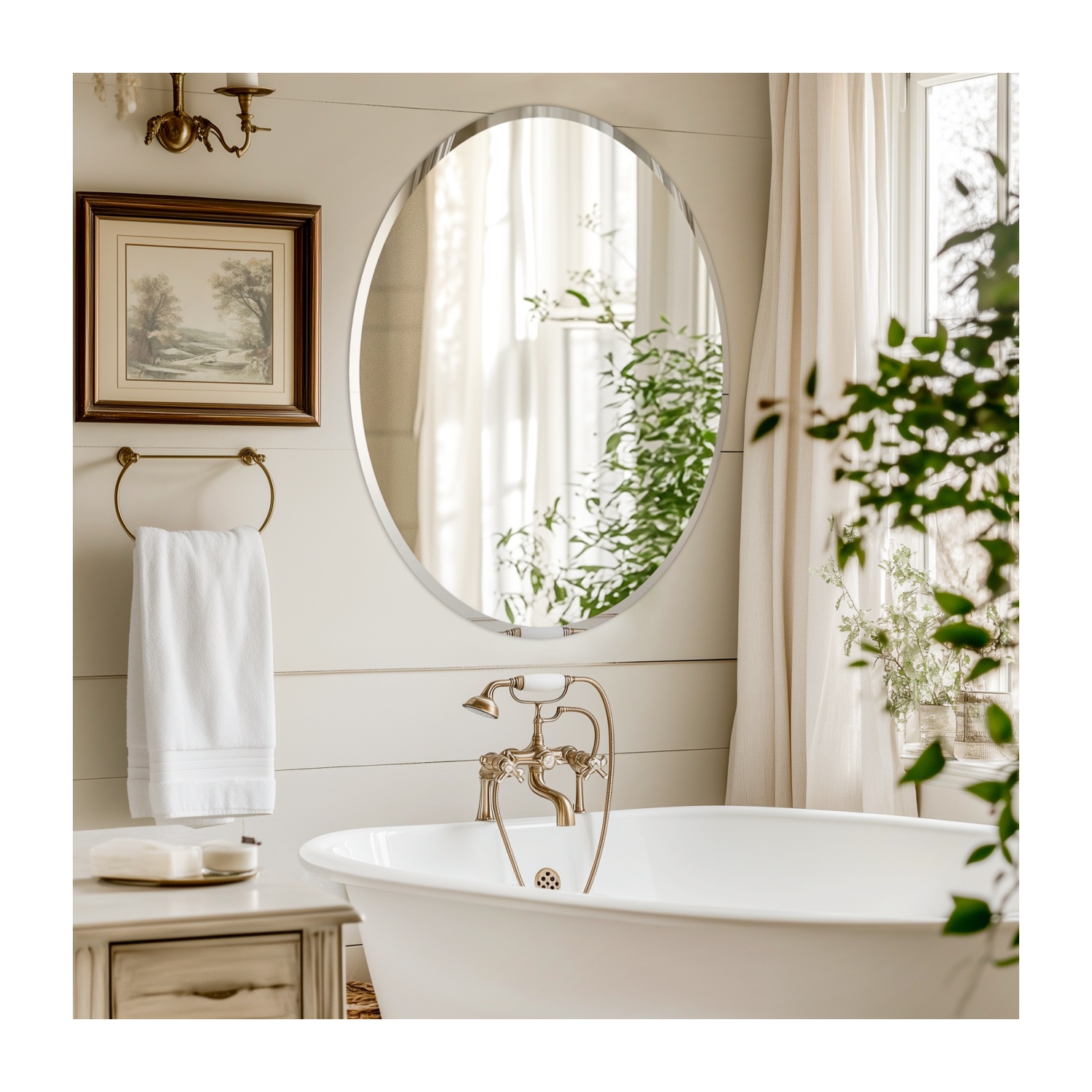 32 Inch Frameless Round Wall Hanging Mirror Silver Glass Mirror Vanity Makeup Mirror with Beveled Polished Edge for Livingroom Bathroom Entryway