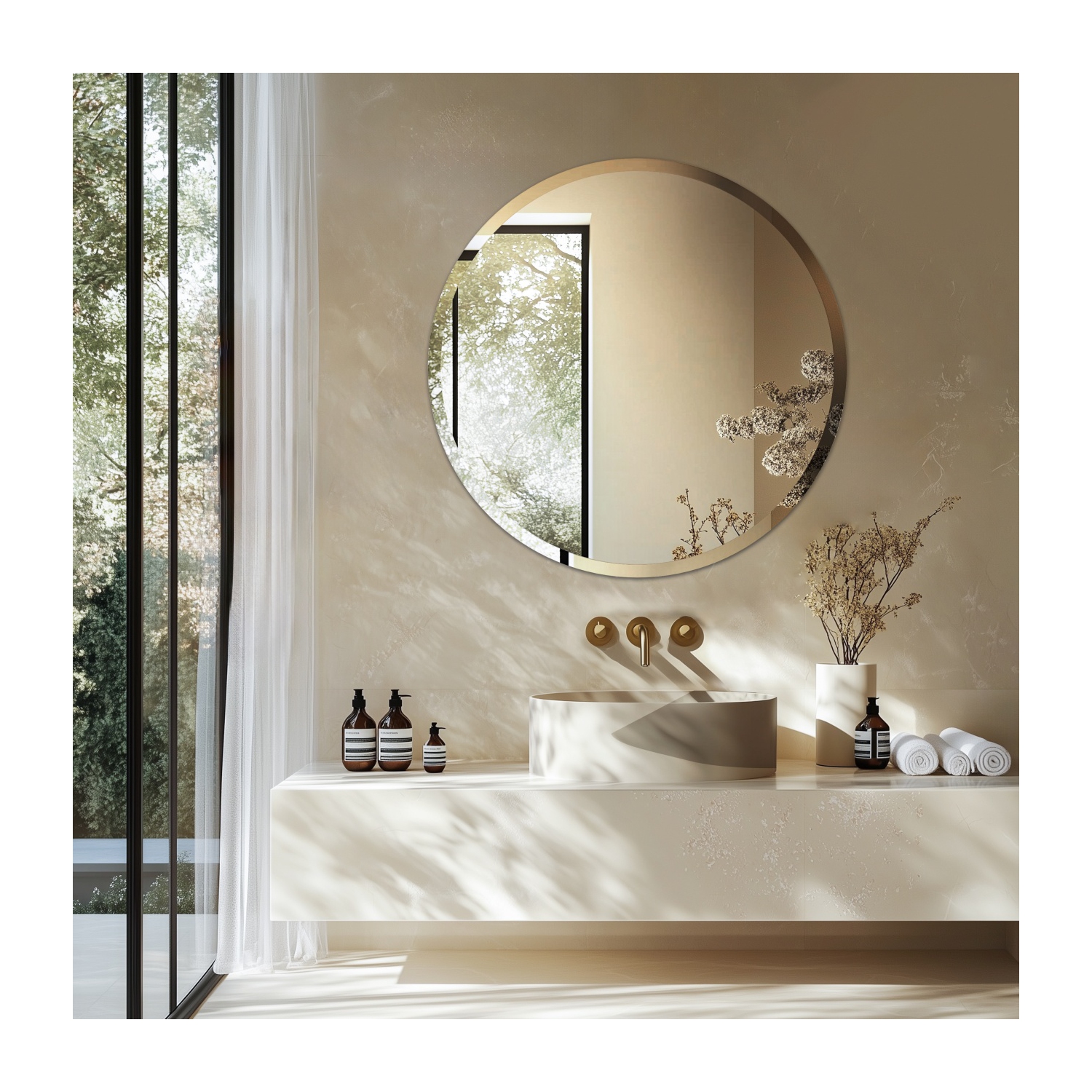 32 Inch Frameless Round Wall Hanging Mirror Silver Glass Mirror Vanity Makeup Mirror with Beveled Polished Edge for Livingroom Bathroom Entryway