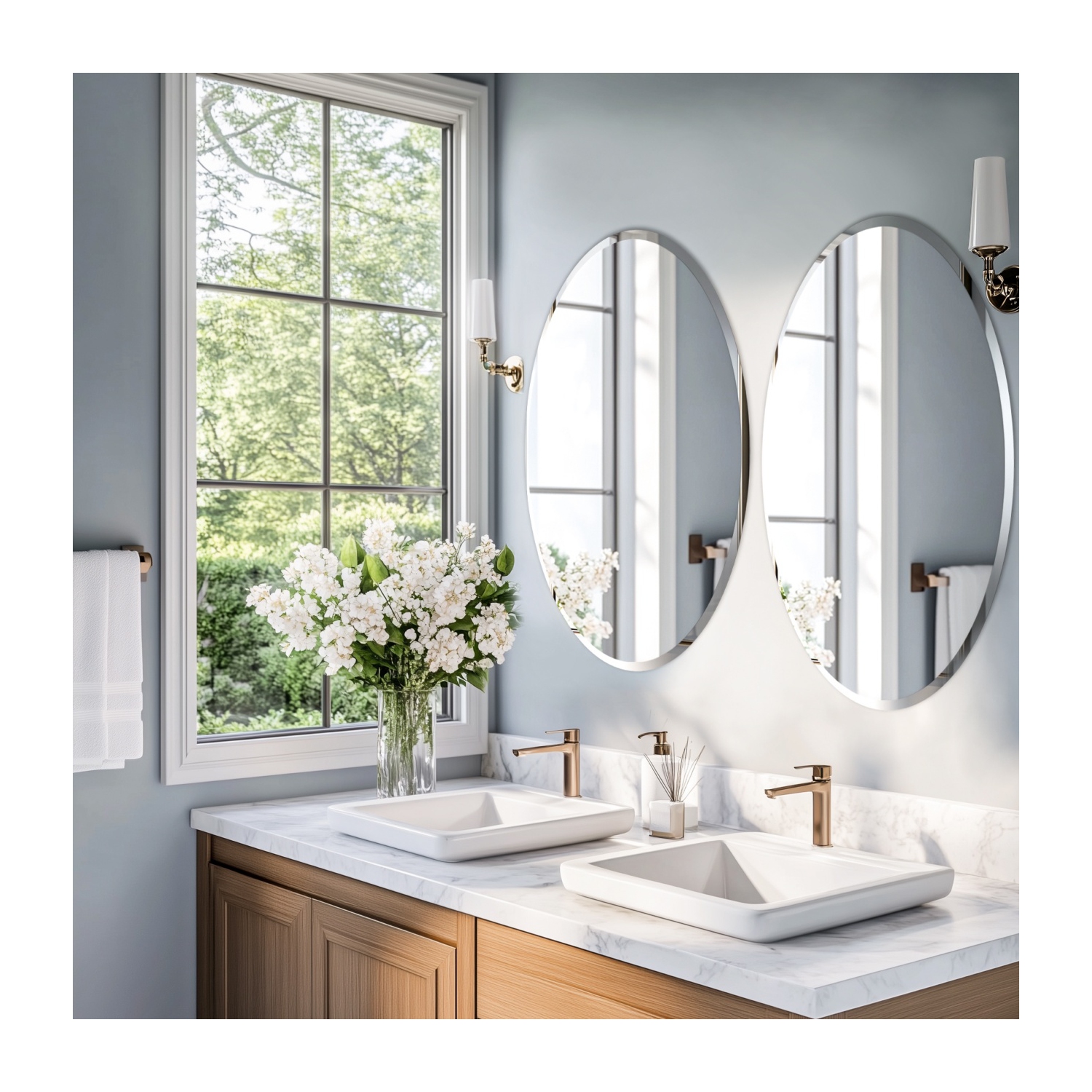 32 Inch Frameless Round Wall Hanging Mirror Silver Glass Mirror Vanity Makeup Mirror with Beveled Polished Edge for Livingroom Bathroom Entryway