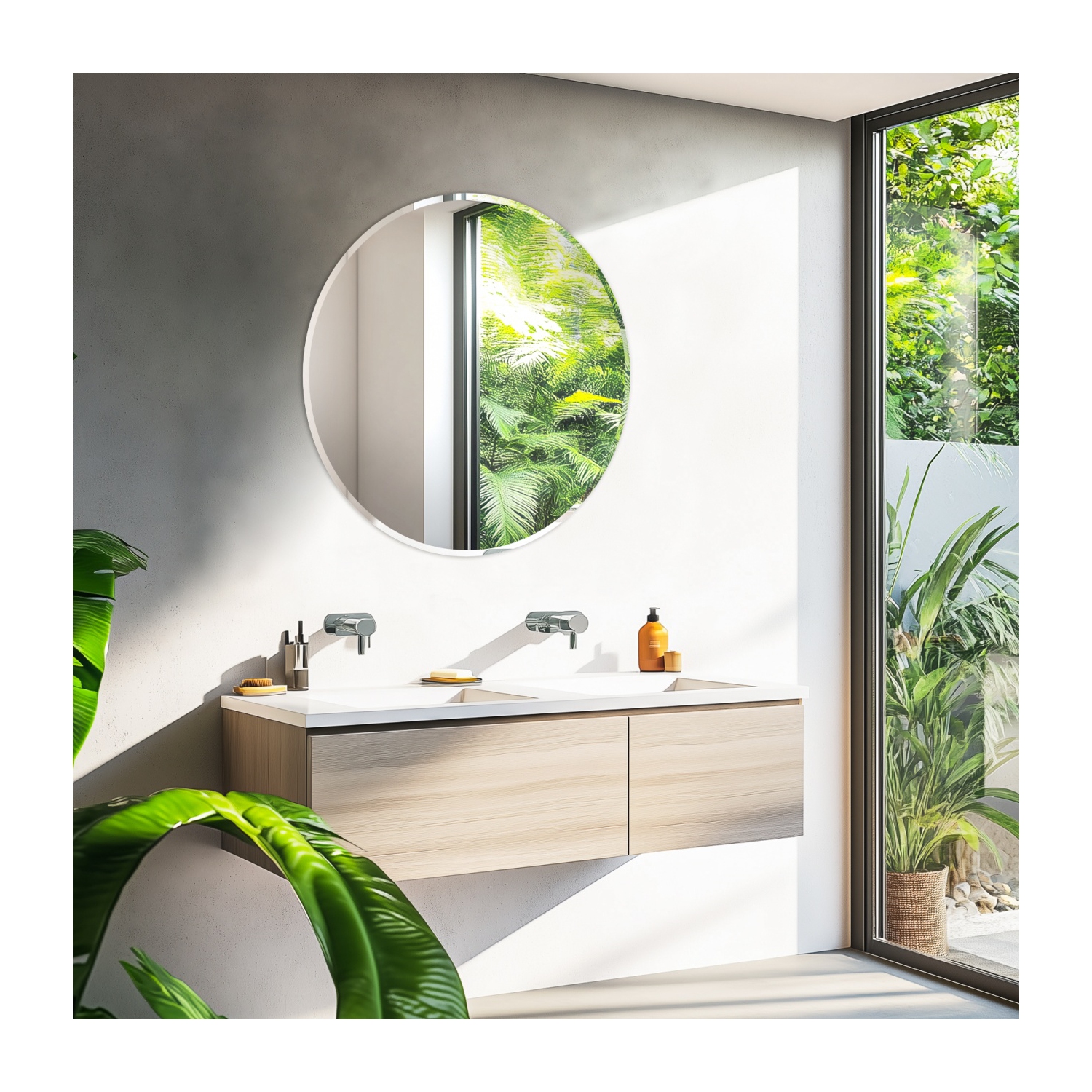 32 Inch Frameless Round Wall Hanging Mirror Silver Glass Mirror Vanity Makeup Mirror with Beveled Polished Edge for Livingroom Bathroom Entryway