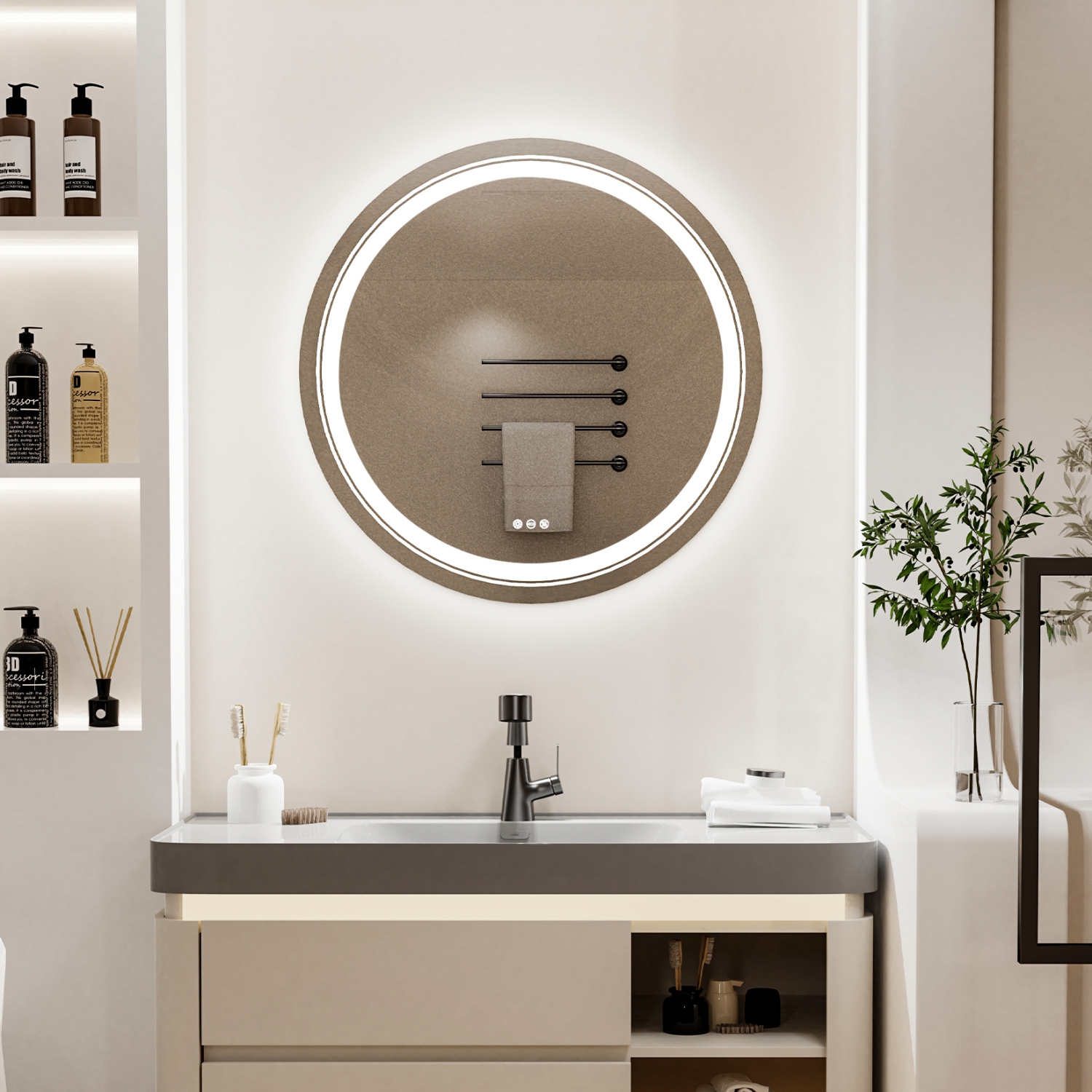 32 Inch Round LED Illuminated Bathroom Mirror Backlit Light Aluminum Frame Wall Vanity Makeup Bathroom Mirror with Light Memory Anti-fog Function
