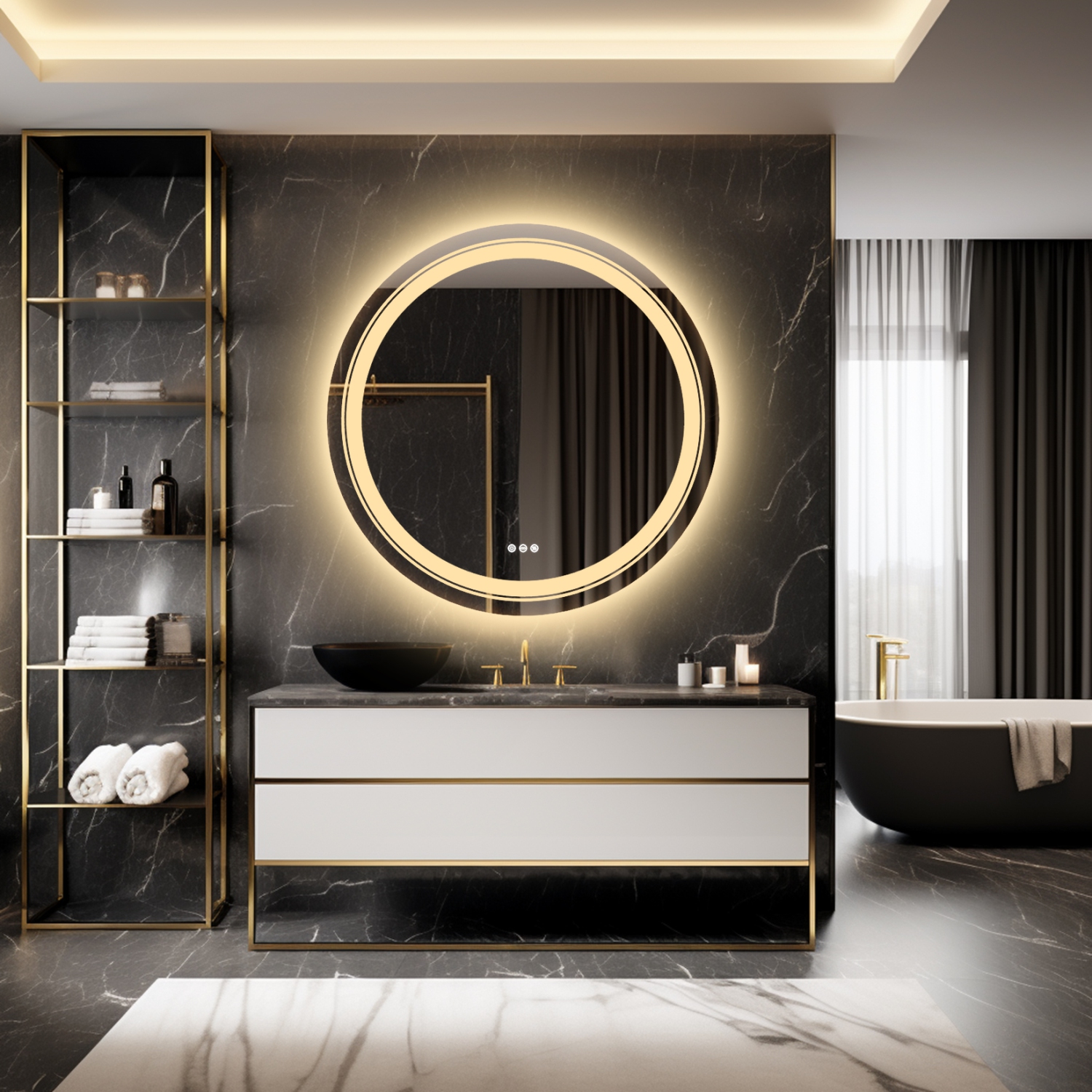 32 Inch Round LED Illuminated Bathroom Mirror Backlit Light Aluminum Frame Wall Vanity Makeup Bathroom Mirror with Light Memory Anti-fog Function