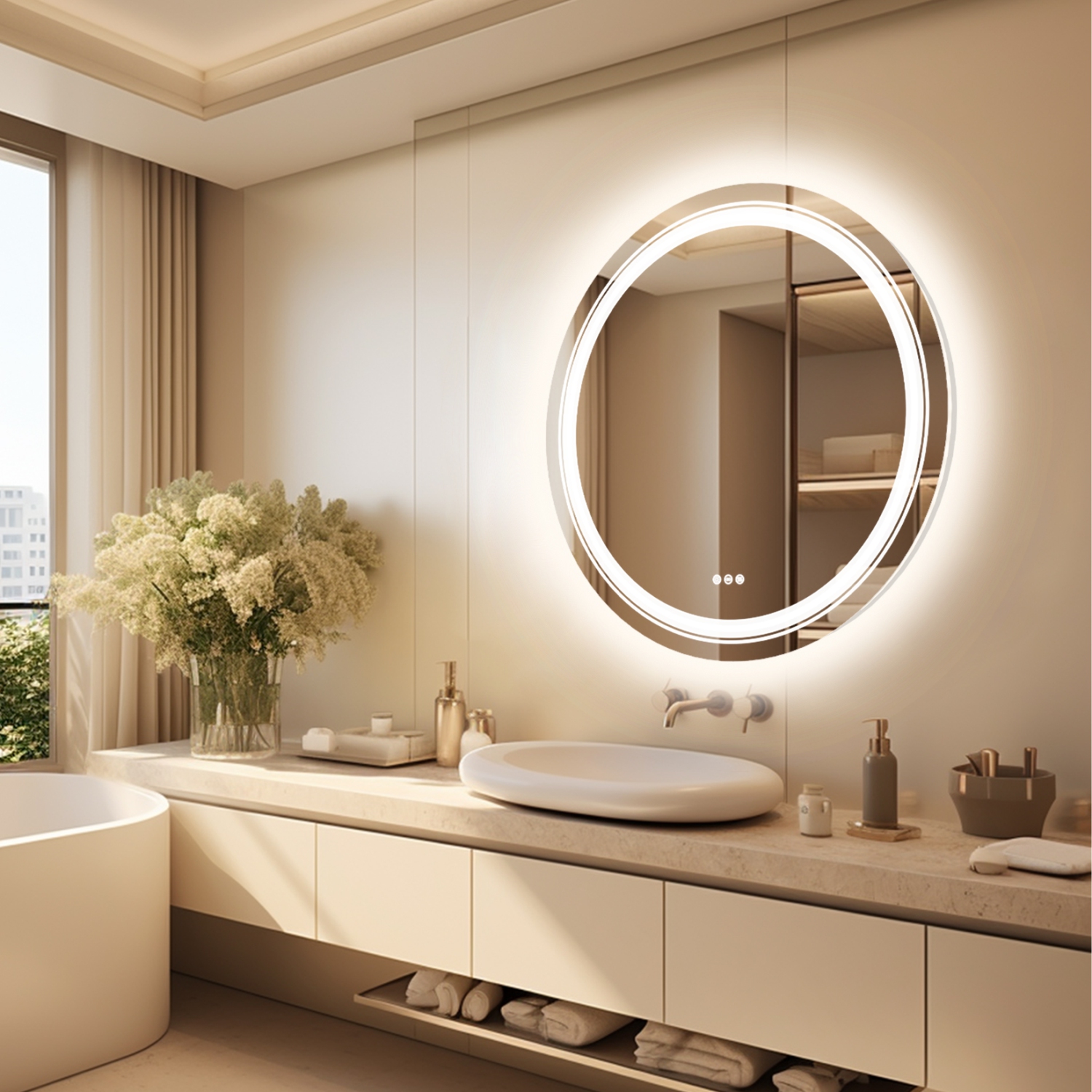 32 Inch Round LED Illuminated Bathroom Mirror Backlit Light Aluminum Frame Wall Vanity Makeup Bathroom Mirror with Light Memory Anti-fog Function