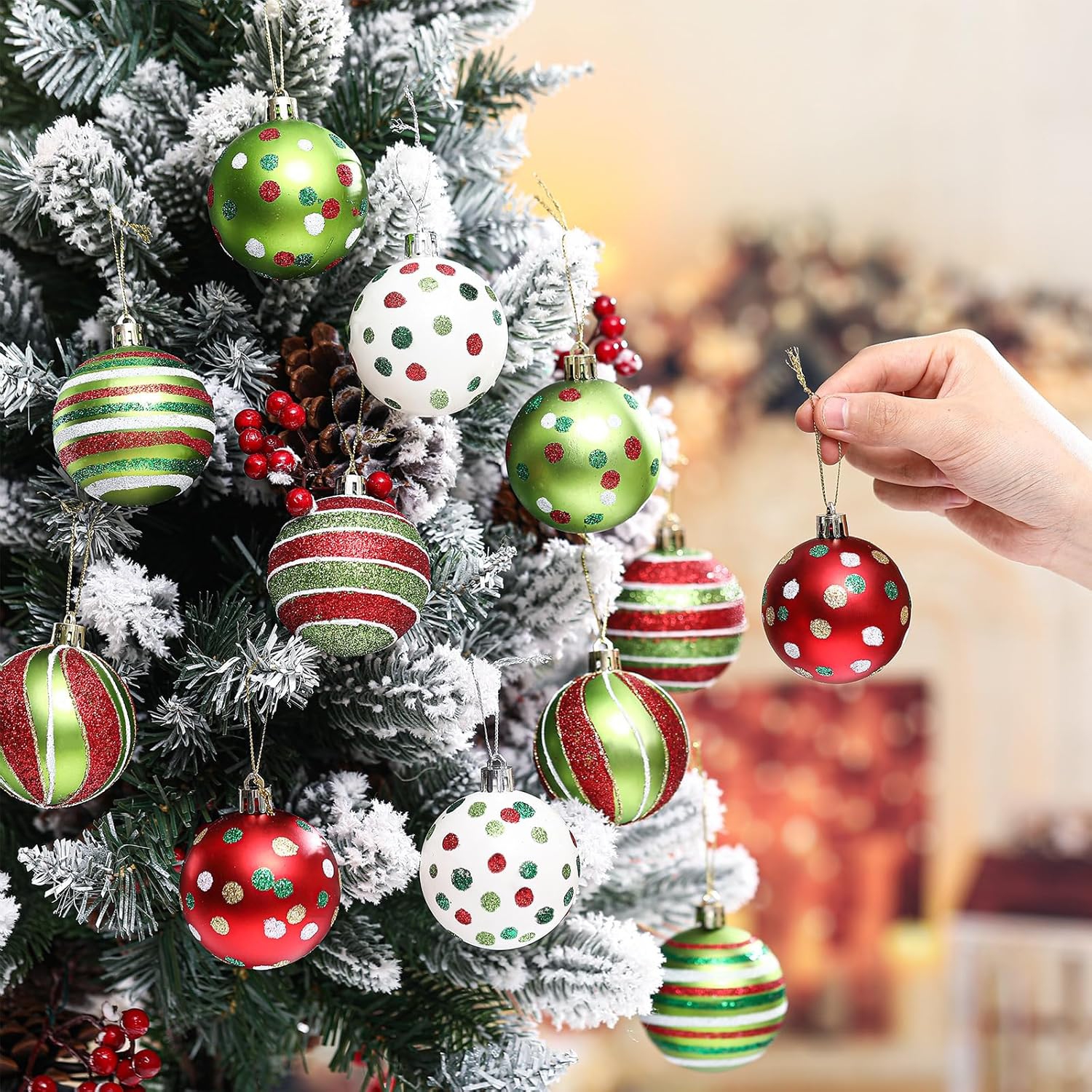 12 Pcs 2.4 Inch Christmas Ball Ornaments Glittering Plastic Hanging Decorations Elf Balls Swirl Candy Cane Peppermint Red and Green Christmas Tree