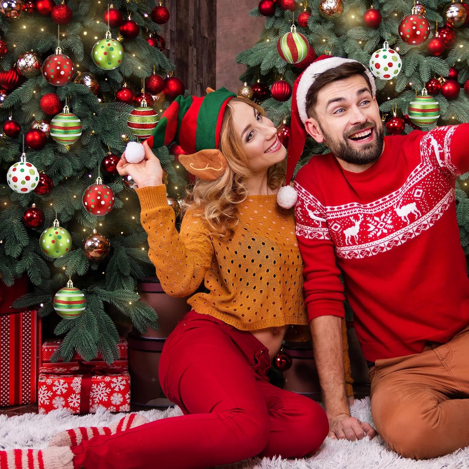 12 Pcs 2.4 Inch Christmas Ball Ornaments Glittering Plastic Hanging Decorations Elf Balls Swirl Candy Cane Peppermint Red and Green Christmas Tree