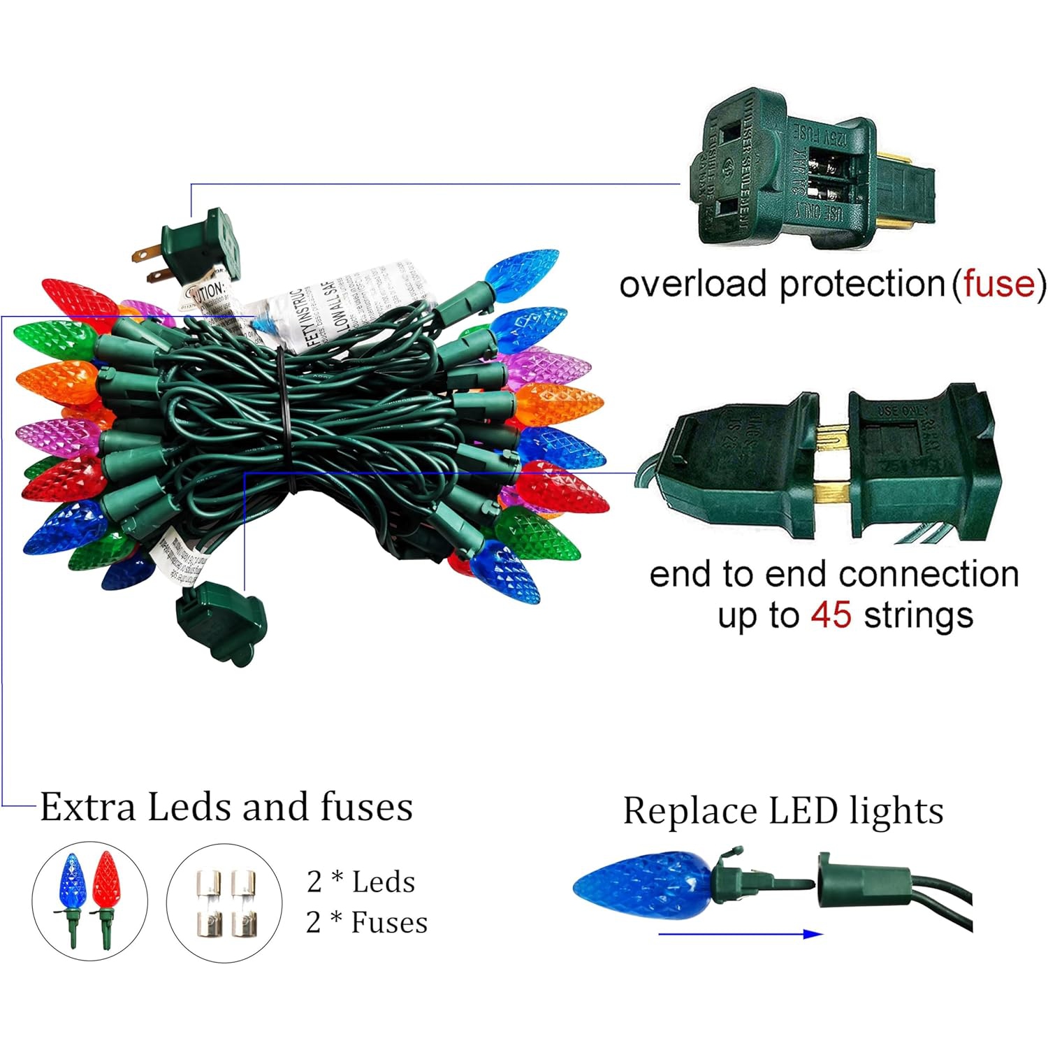 C6 Christmas Lights, 50 LED Strawberry String Lights, 18FT Multicolor C6 Lights, Fairy Lights