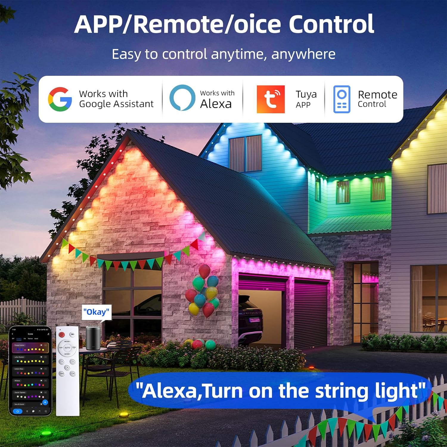 Permanent Outdoor Lights Pro, 100ft with 72 RGB LED Lights for Daily and Accent Lighting, IP65 Waterproof Eaves String Lights with App & Remote,Smart