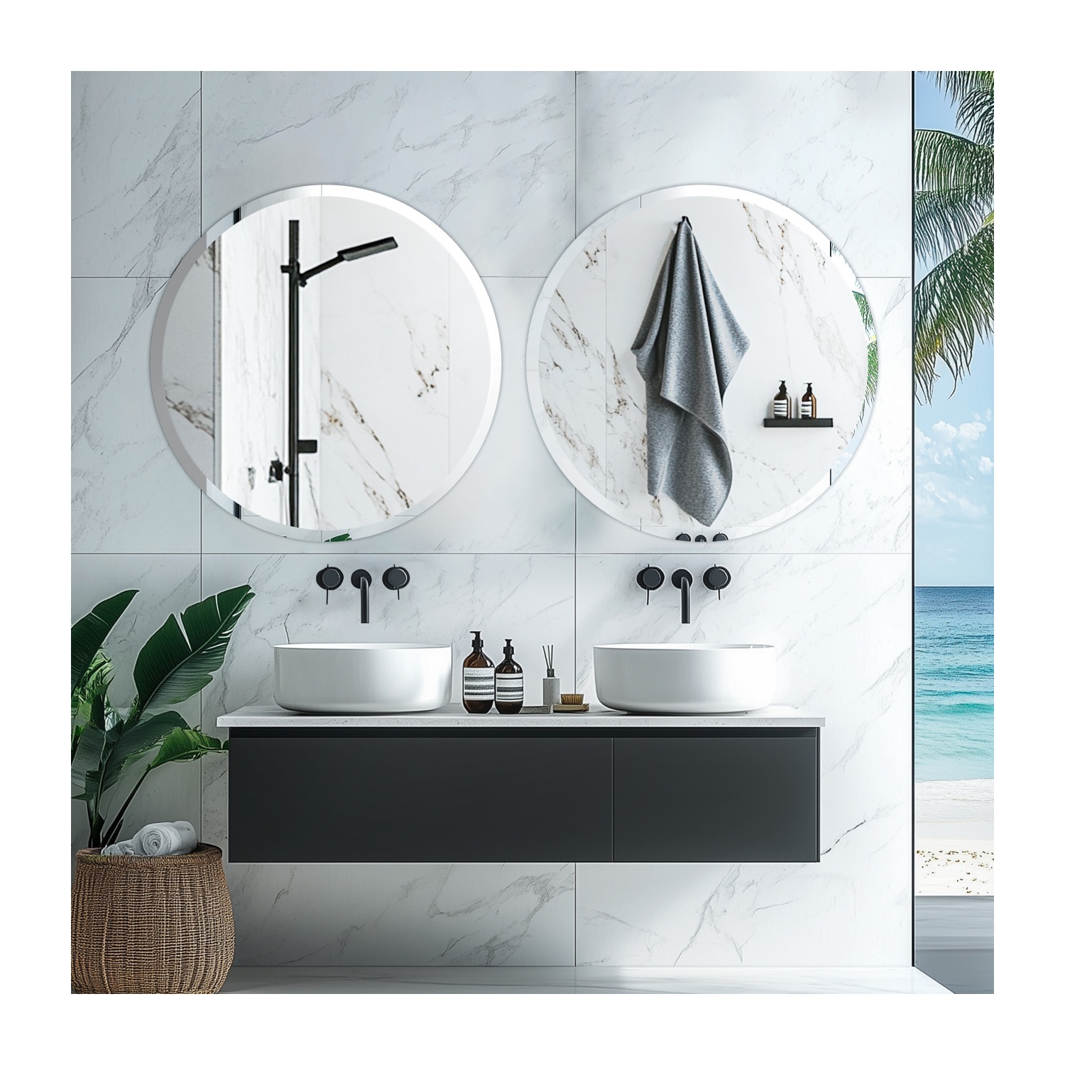 24 Inch Frameless Round Wall Hanging Mirror Silver Glass Mirror Vanity Makeup Mirror with Beveled Polished Edge for Livingroom Bathroom Entryway