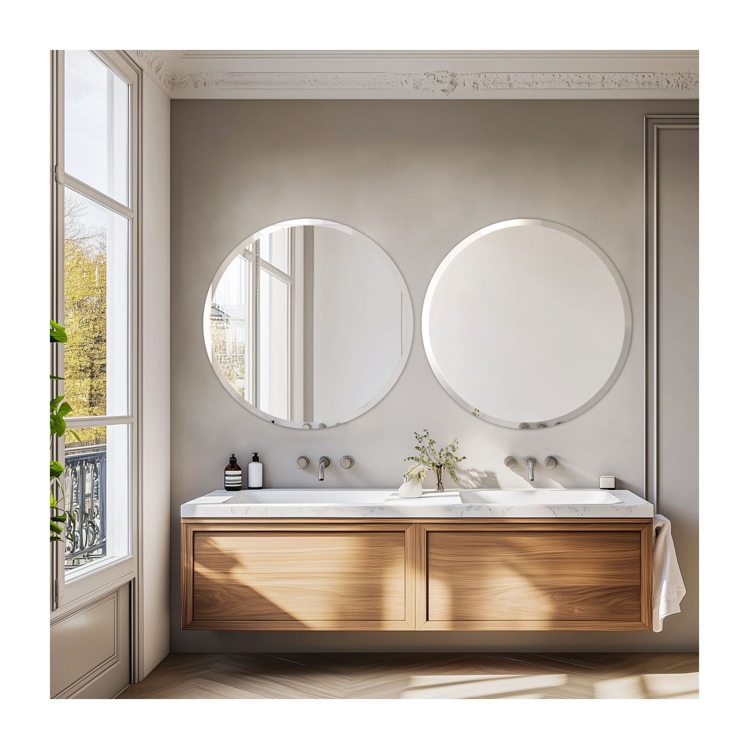 24 Inch Frameless Round Wall Hanging Mirror Silver Glass Mirror Vanity Makeup Mirror with Beveled Polished Edge for Livingroom Bathroom Entryway