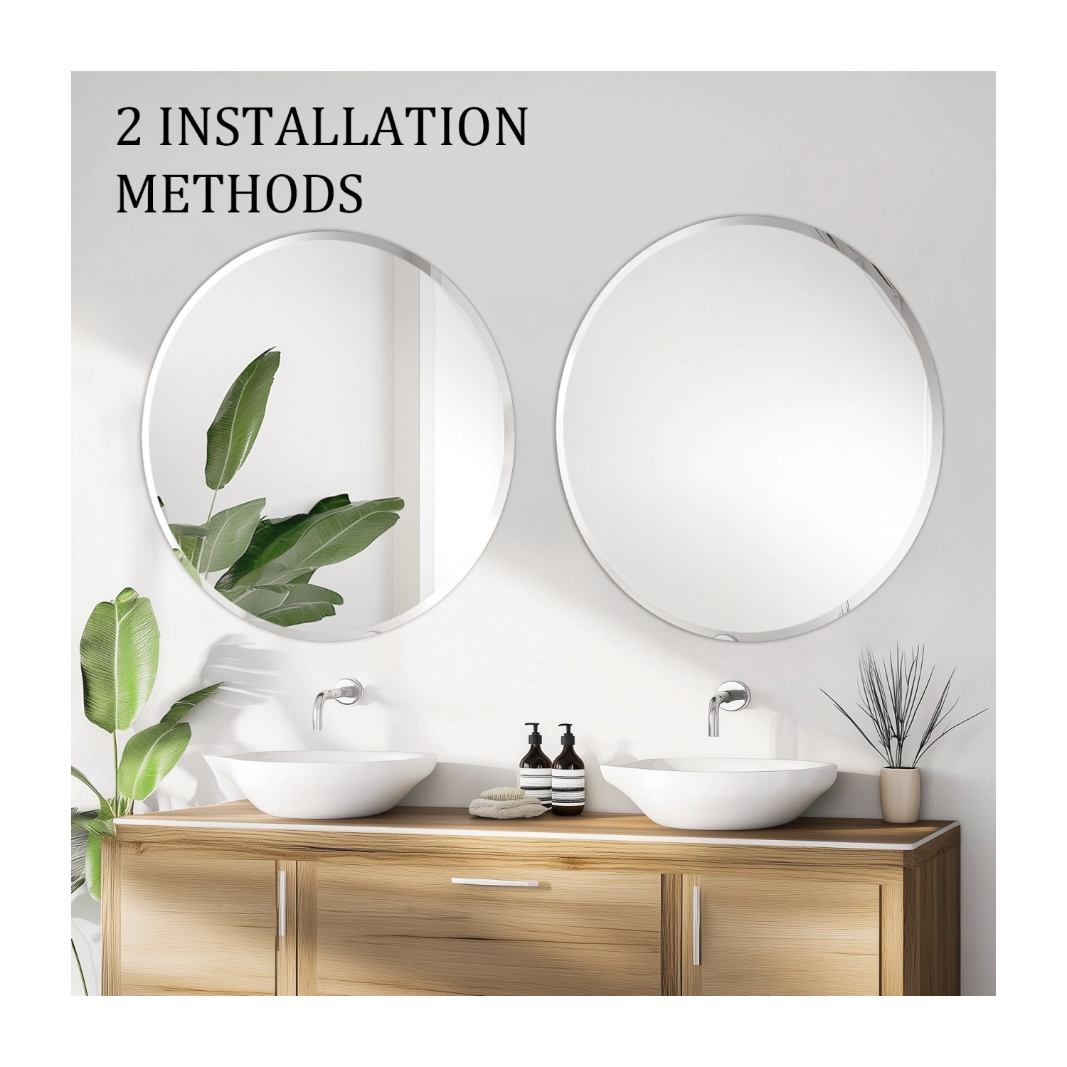 24 Inch Frameless Round Wall Hanging Mirror Silver Glass Mirror Vanity Makeup Mirror with Beveled Polished Edge for Livingroom Bathroom Entryway