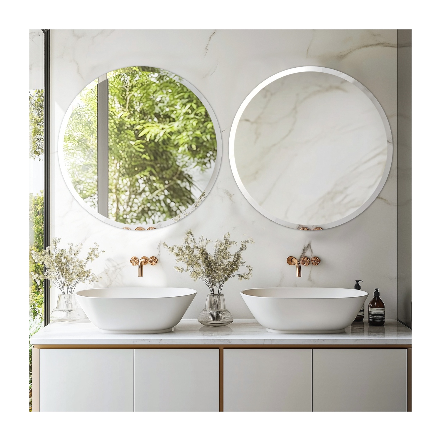 24 Inch Frameless Round Wall Hanging Mirror Silver Glass Mirror Vanity Makeup Mirror with Beveled Polished Edge for Livingroom Bathroom Entryway