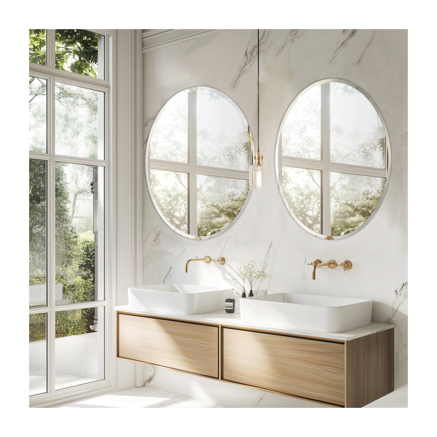 24 Inch Frameless Round Wall Hanging Mirror Silver Glass Mirror Vanity Makeup Mirror with Beveled Polished Edge for Livingroom Bathroom Entryway