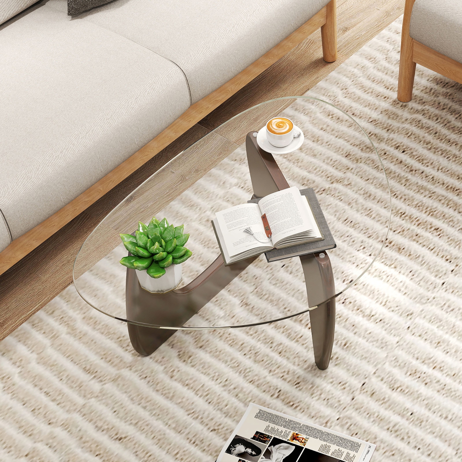 Gymax Triangle Coffee Table w/ Tempered Glass Top & Adjustable Rubber Wood Base