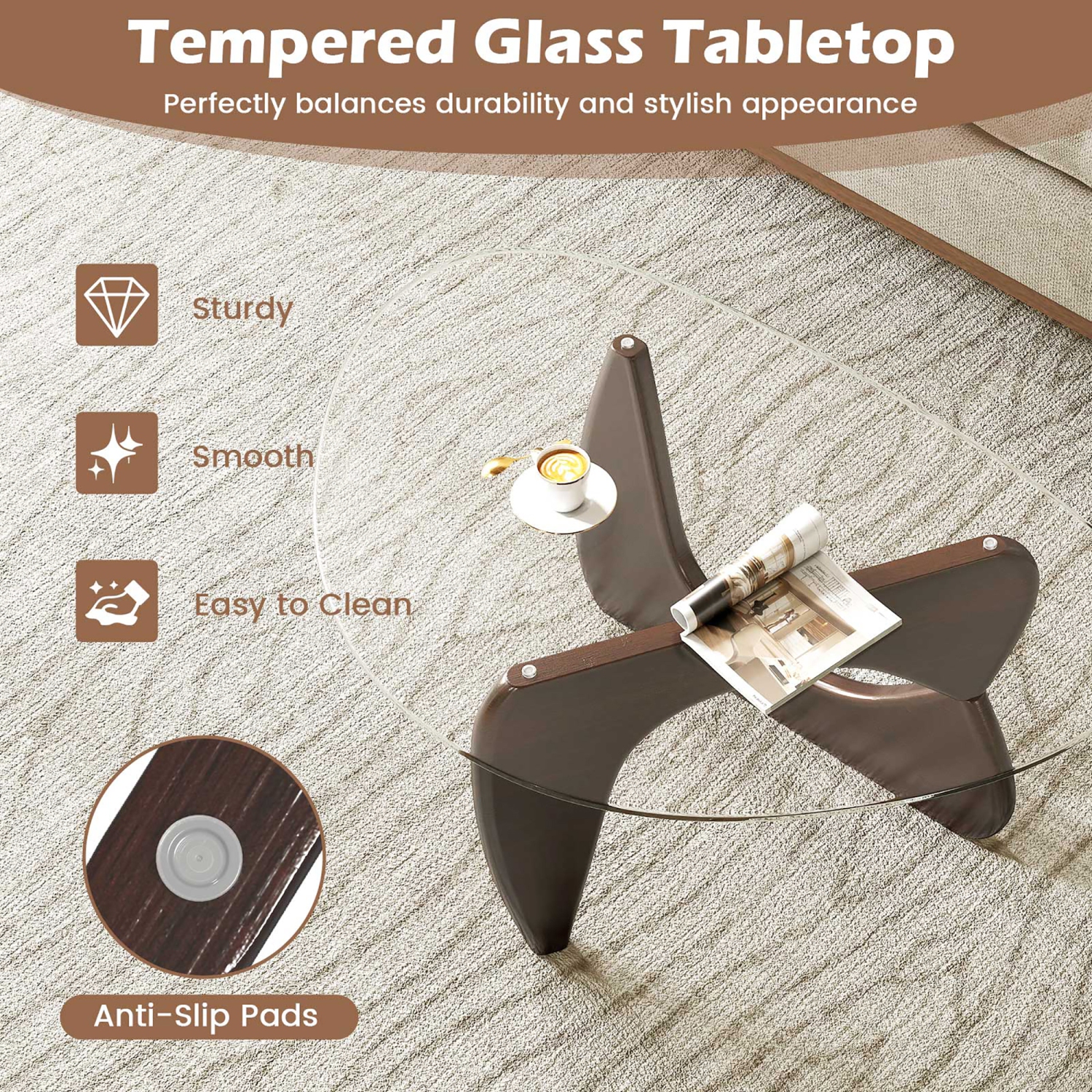 Gymax Triangle Coffee Table w/ Tempered Glass Top & Adjustable Rubber Wood Base