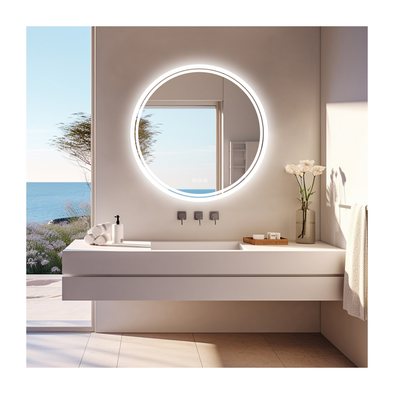 24 Inch Round LED Illuminated Bathroom Mirror Backlit Light Aluminum Frame Wall Vanity Makeup Bathroom Mirror with Light Memory Anti-fog Function