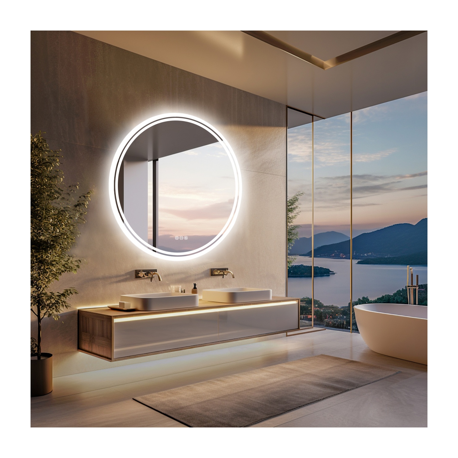 24 Inch Round LED Illuminated Bathroom Mirror Backlit Light Aluminum Frame Wall Vanity Makeup Bathroom Mirror with Light Memory Anti-fog Function