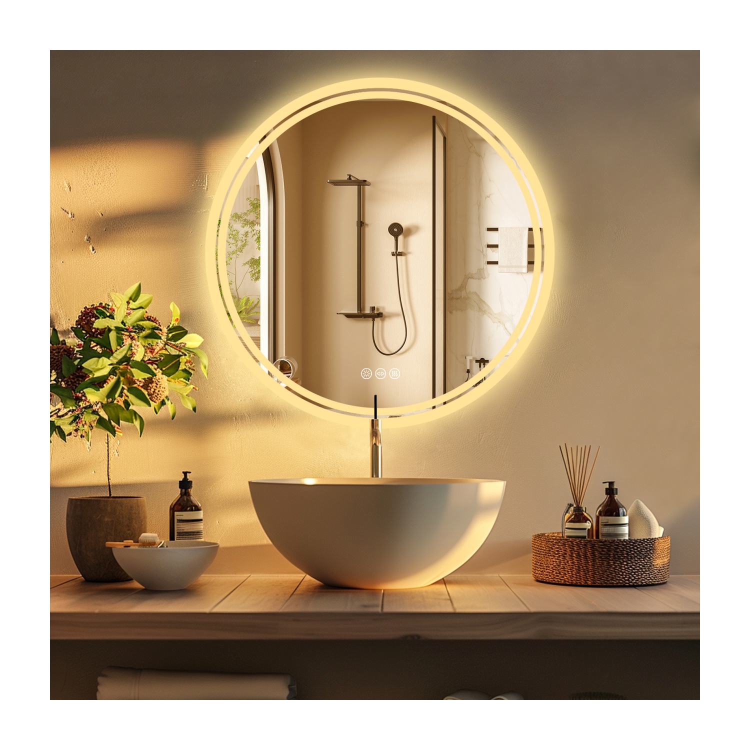 24 Inch Round LED Illuminated Bathroom Mirror Backlit Light Aluminum Frame Wall Vanity Makeup Bathroom Mirror with Light Memory Anti-fog Function