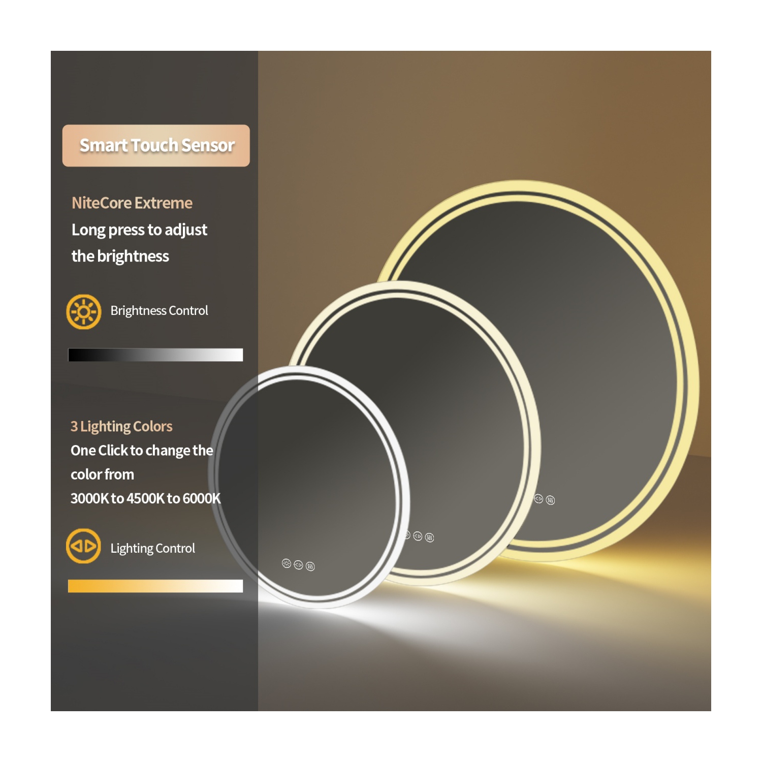 24 Inch Round LED Illuminated Bathroom Mirror Backlit Light Aluminum Frame Wall Vanity Makeup Bathroom Mirror with Light Memory Anti-fog Function