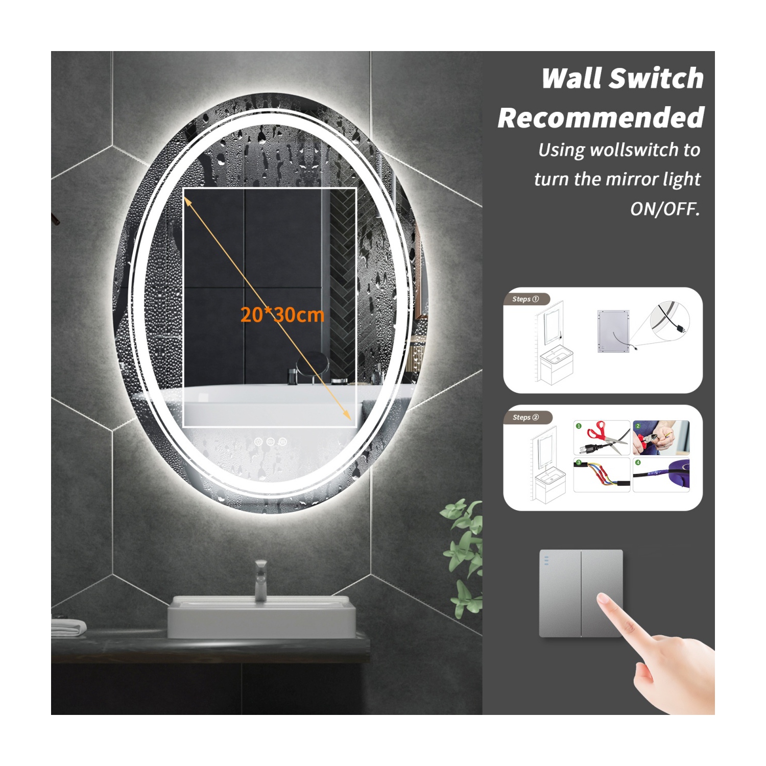 20x28 Inch Oval Bathroom Mirror 3 Lights Memory Function Smart Touch Sensor Anti-fog Makeup Mirror with Backlit Front Lighted